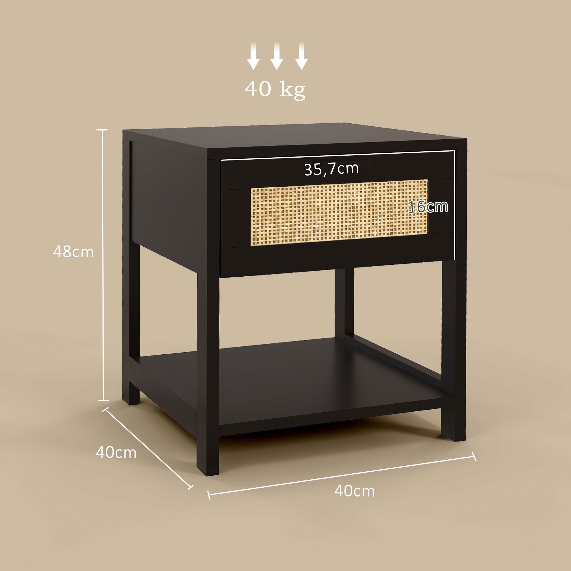 Bedside Table Nightstand with Drawer and Shelf, Rattan Cane, Dim. 40L x 40W x 48H cm Black