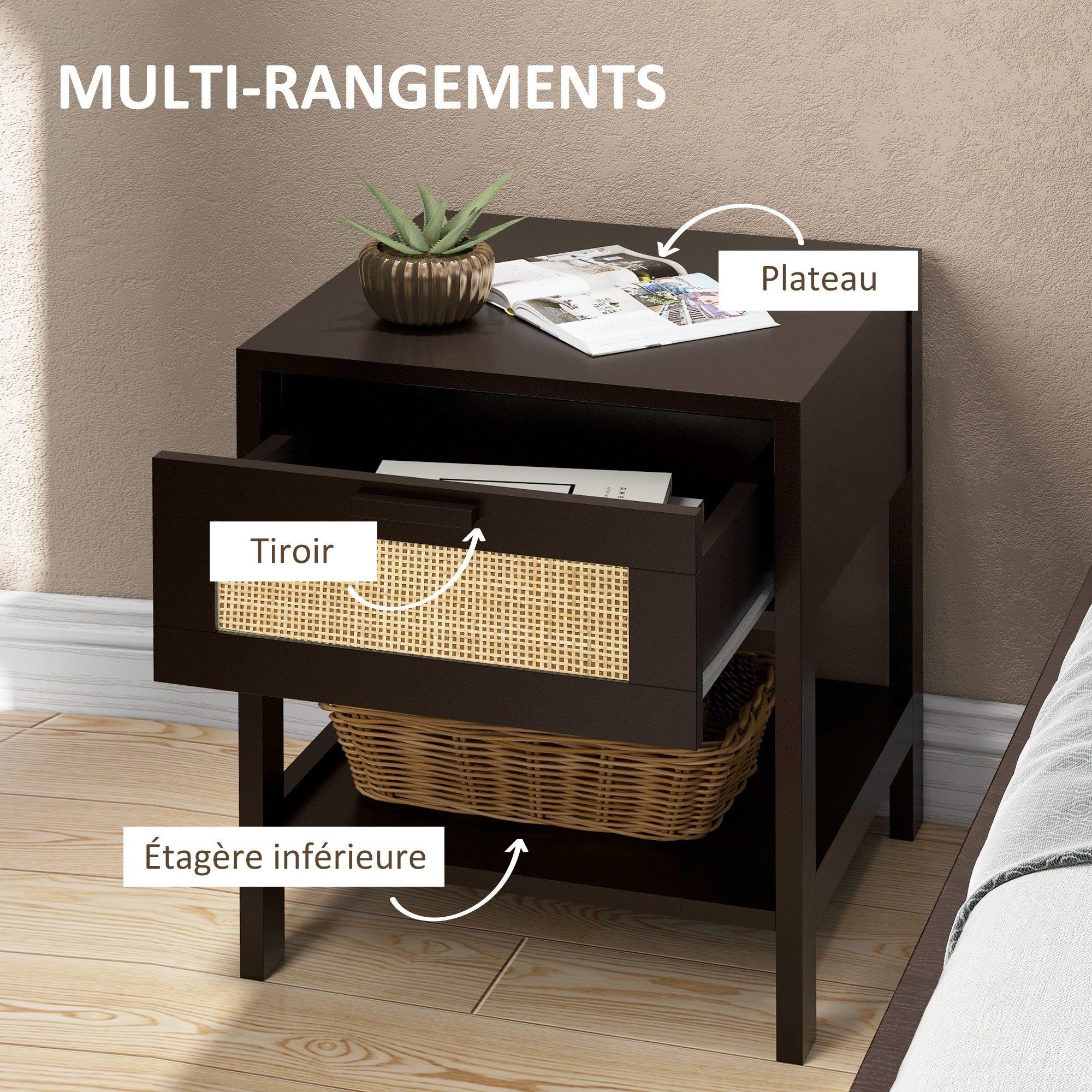Bedside Table Nightstand with Drawer and Shelf, Rattan Cane, Dim. 40L x 40W x 48H cm Black