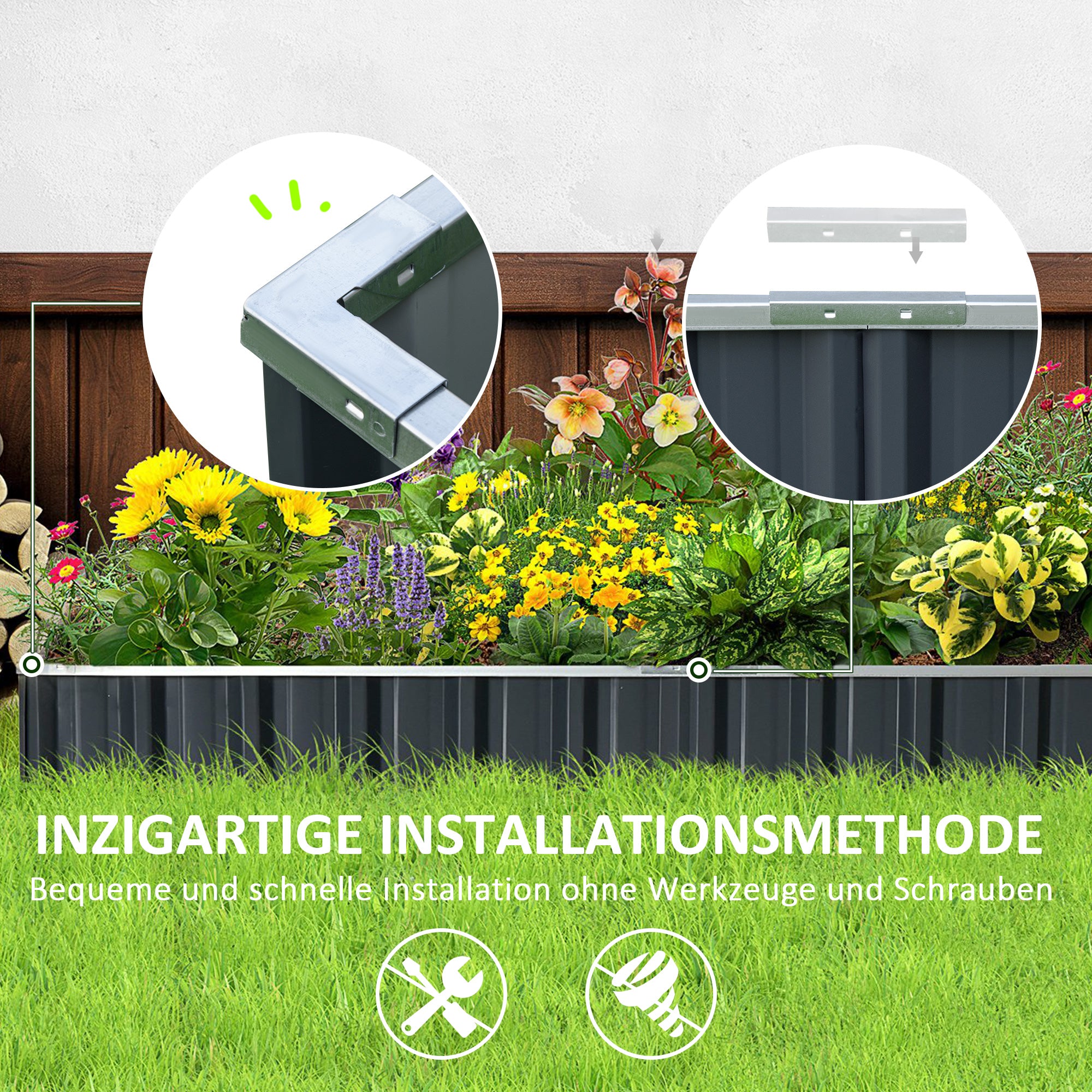 Steel Raised Garden Bed DIY Garden Bed with T-shaped Plant Markers Gloves Planting Bed Herb Bed Flower Stand for Balcony Garden Dark Gray 258 x 90 x 30 cm