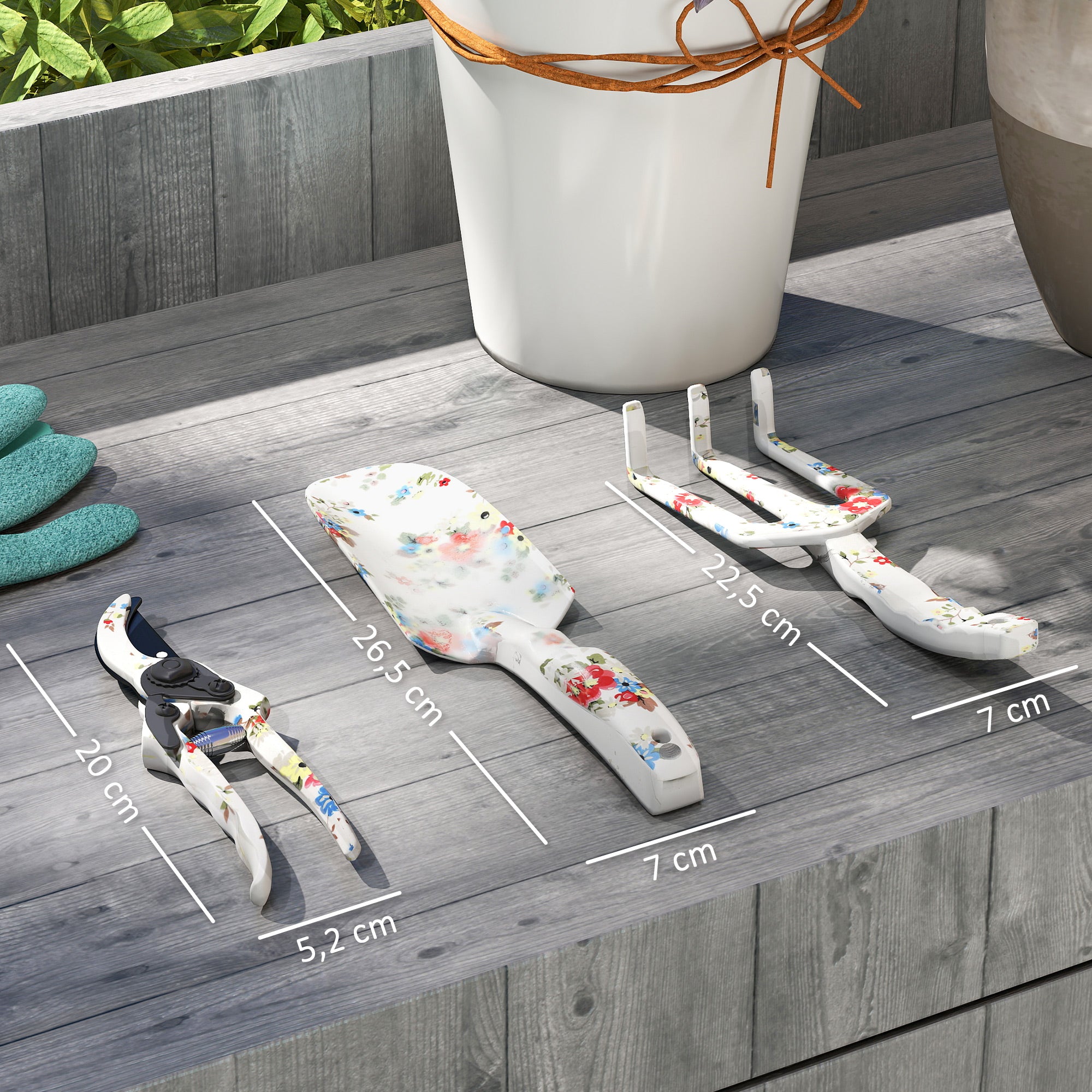 3-Piece Aluminum Gardening Set - Secateur, Trowel, Hand Rake, Floral Pattern - Ideal for Plant Trimming and Maintenance