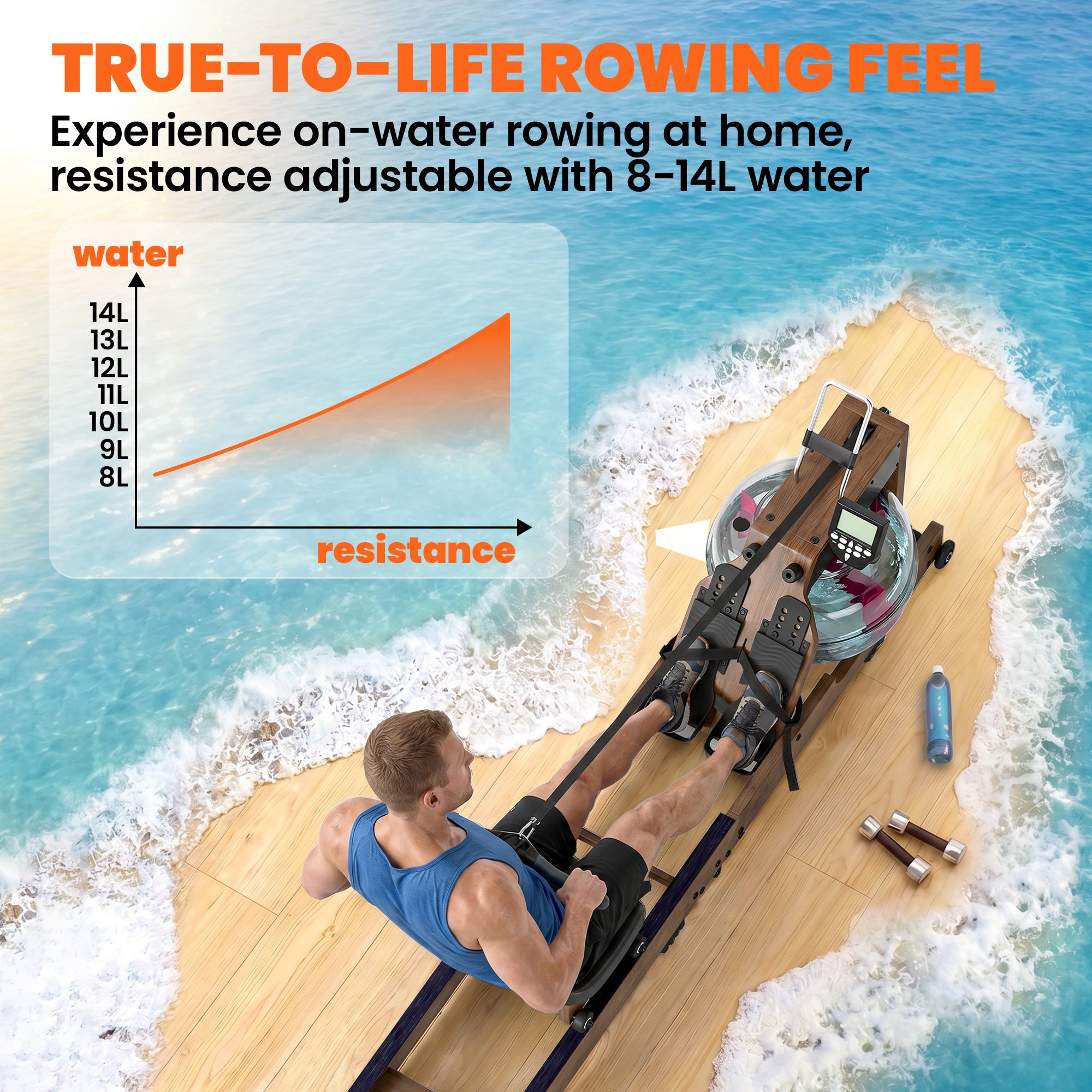SPORTNOW Foldable Water Rower – Rubberwood Frame, Bluetooth App Compatible, Dual Aluminum Rails, LCD, Comfortable Padded Seat, Phone Holder, 348 lb Capacity
