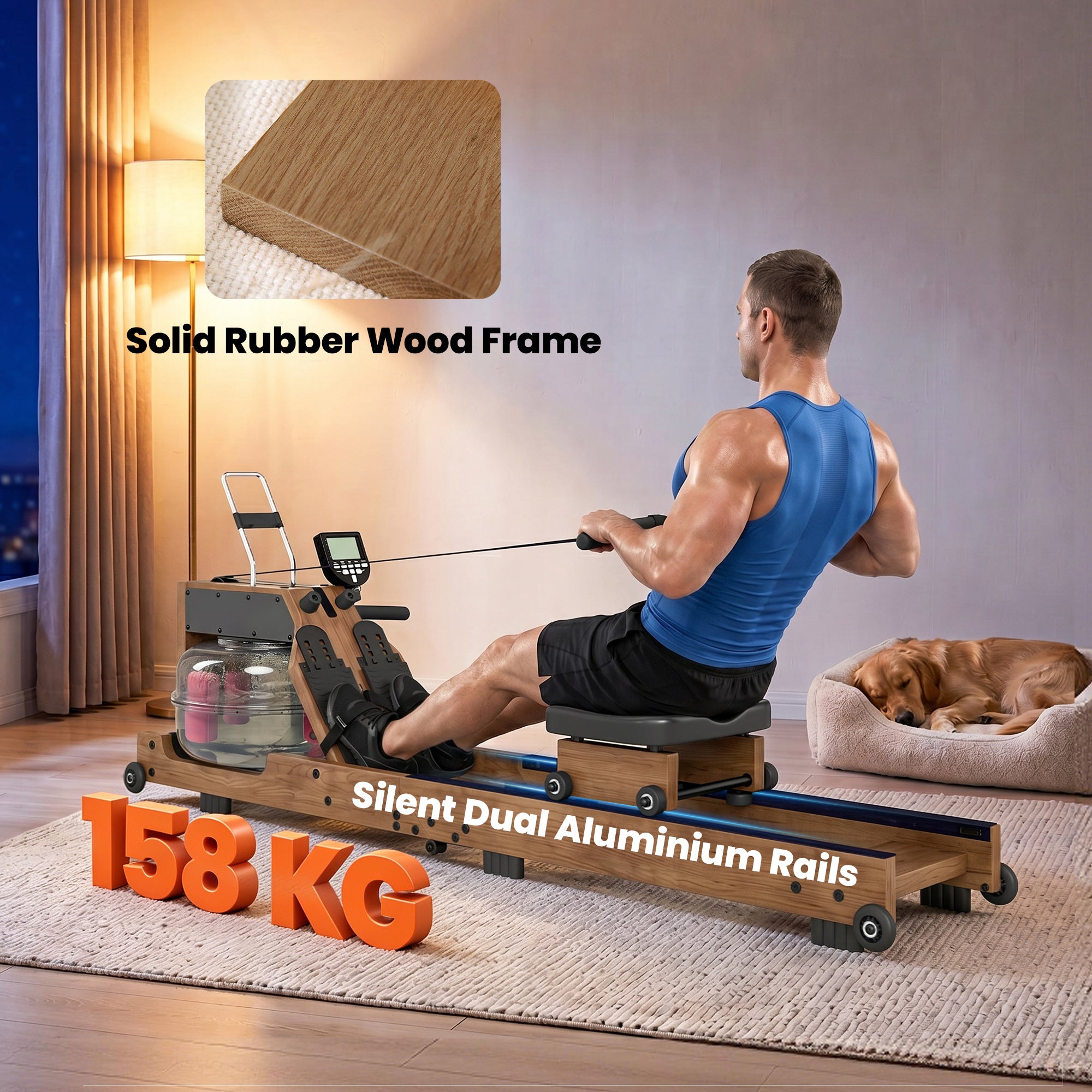 SPORTNOW Foldable Water Rower – Rubberwood Frame, Bluetooth App Compatible, Dual Aluminum Rails, LCD, Comfortable Padded Seat, Phone Holder, 348 lb Capacity