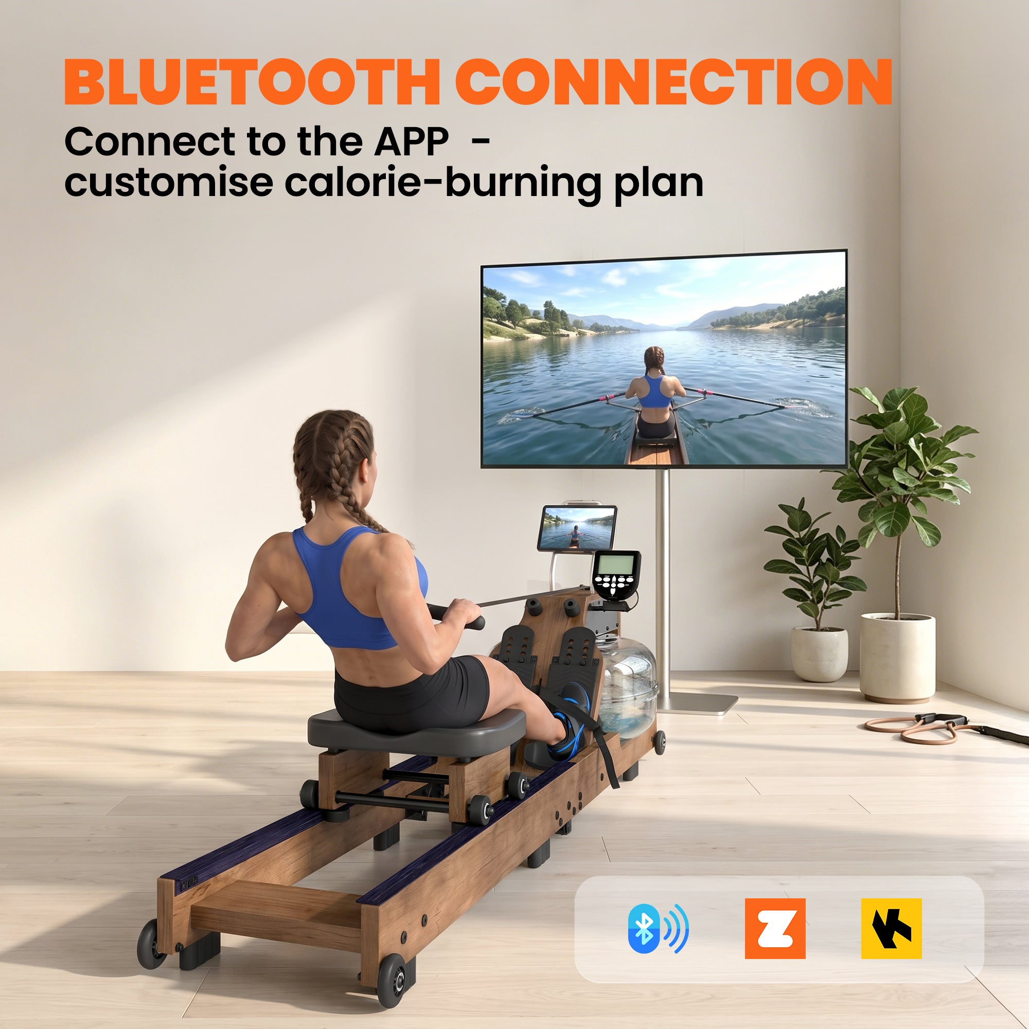 SPORTNOW Foldable Water Rower – Rubberwood Frame, Bluetooth App Compatible, Dual Aluminum Rails, LCD, Comfortable Padded Seat, Phone Holder, 348 lb Capacity