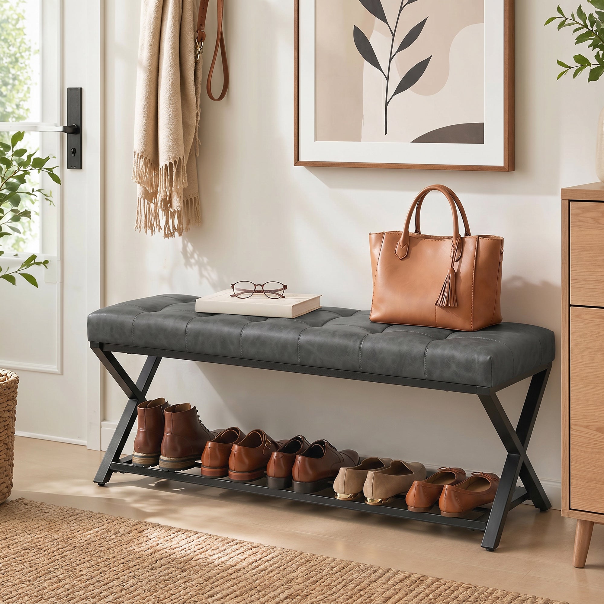 Padded Shoe Bench with Storage — Industrial X-Frame Steel, PU Leather, 485 lb Capacity, 44.1 x 14.6 x 18.5 in (112×37×47 cm), Dark Gray