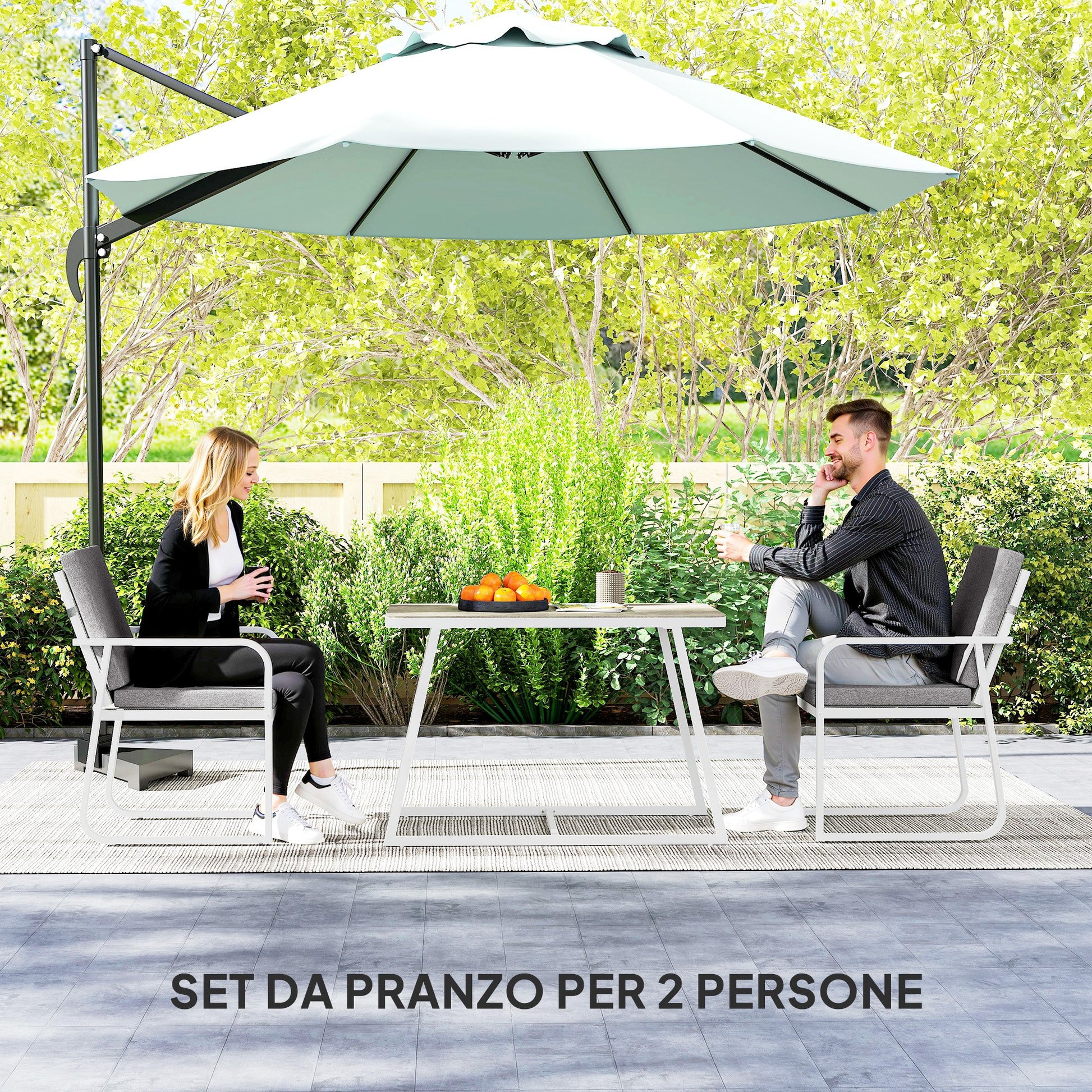 3-Piece Garden Table Set with Glass Table, 2 Outdoor Chairs with Armrests and Washable Cushions, Steel and Textilene Furniture Set for Terrace, White