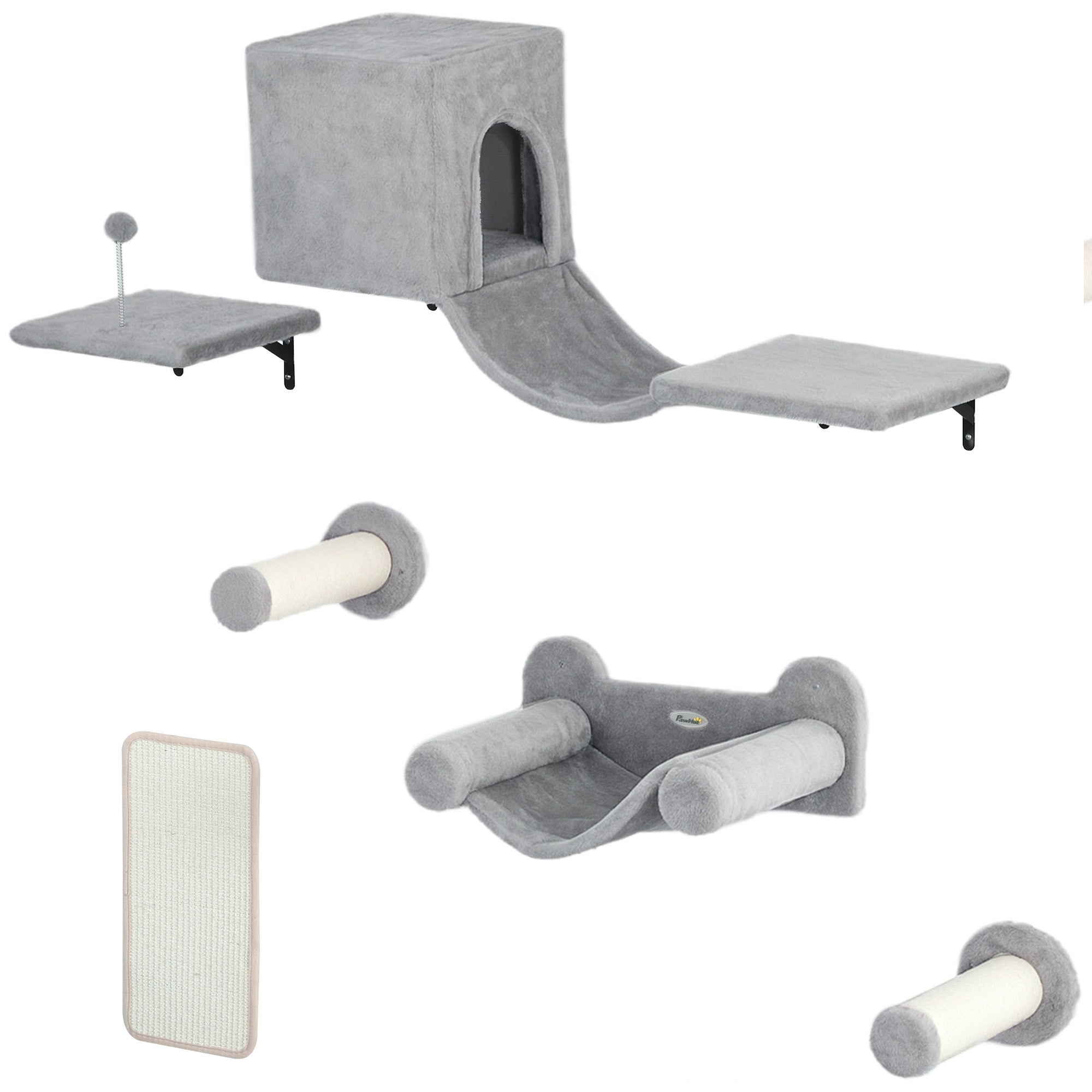 Climbing Wall Cat 6-Piece Cat Climbing Wall Set with Cat House, Hammock, Platform, Scratch Tree with Scratching Board, Plush Wall Scratching Tree, Cat Furniture for Cats up to 5 kg, Gray