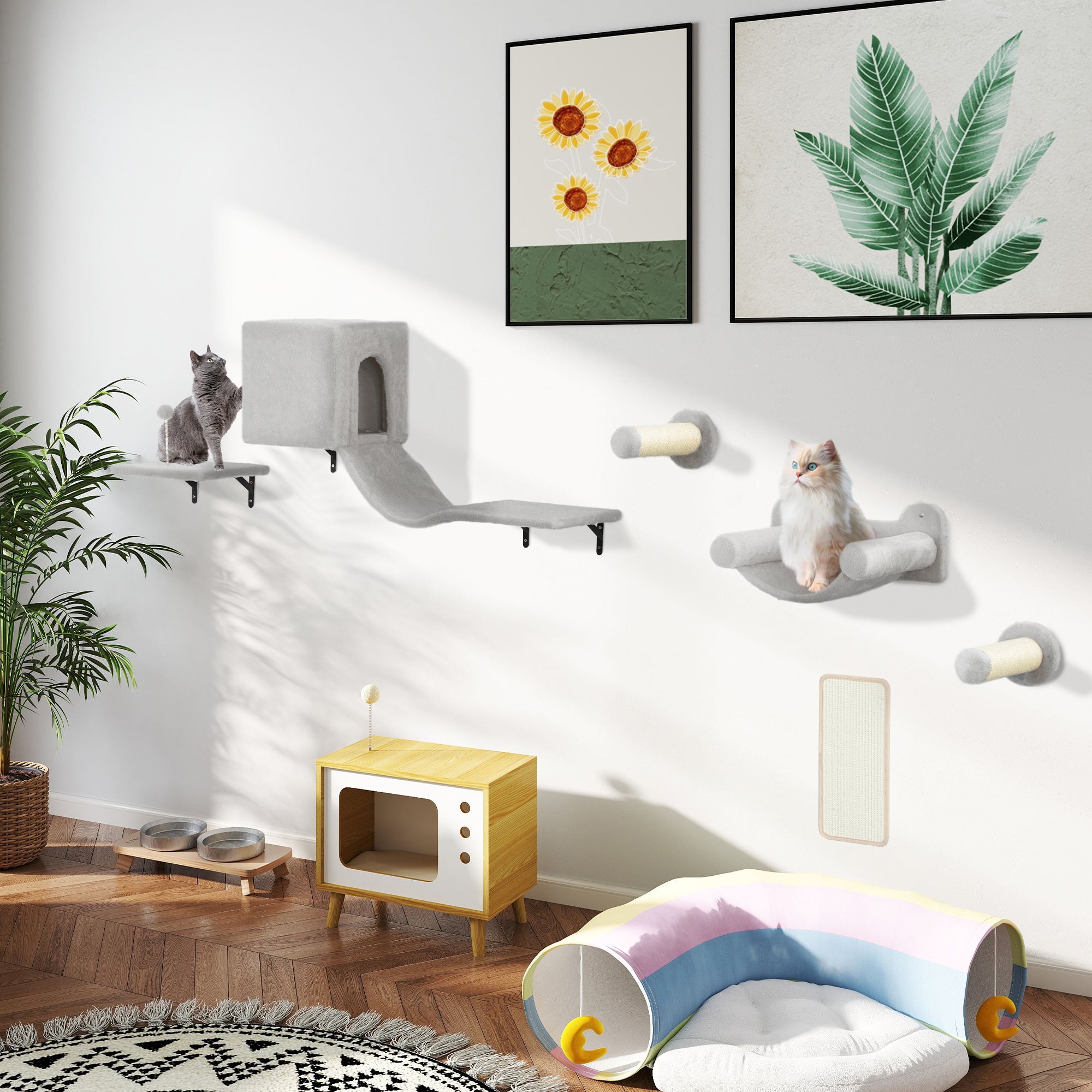 Climbing Wall Cat 6-Piece Cat Climbing Wall Set with Cat House, Hammock, Platform, Scratch Tree with Scratching Board, Plush Wall Scratching Tree, Cat Furniture for Cats up to 5 kg, Gray