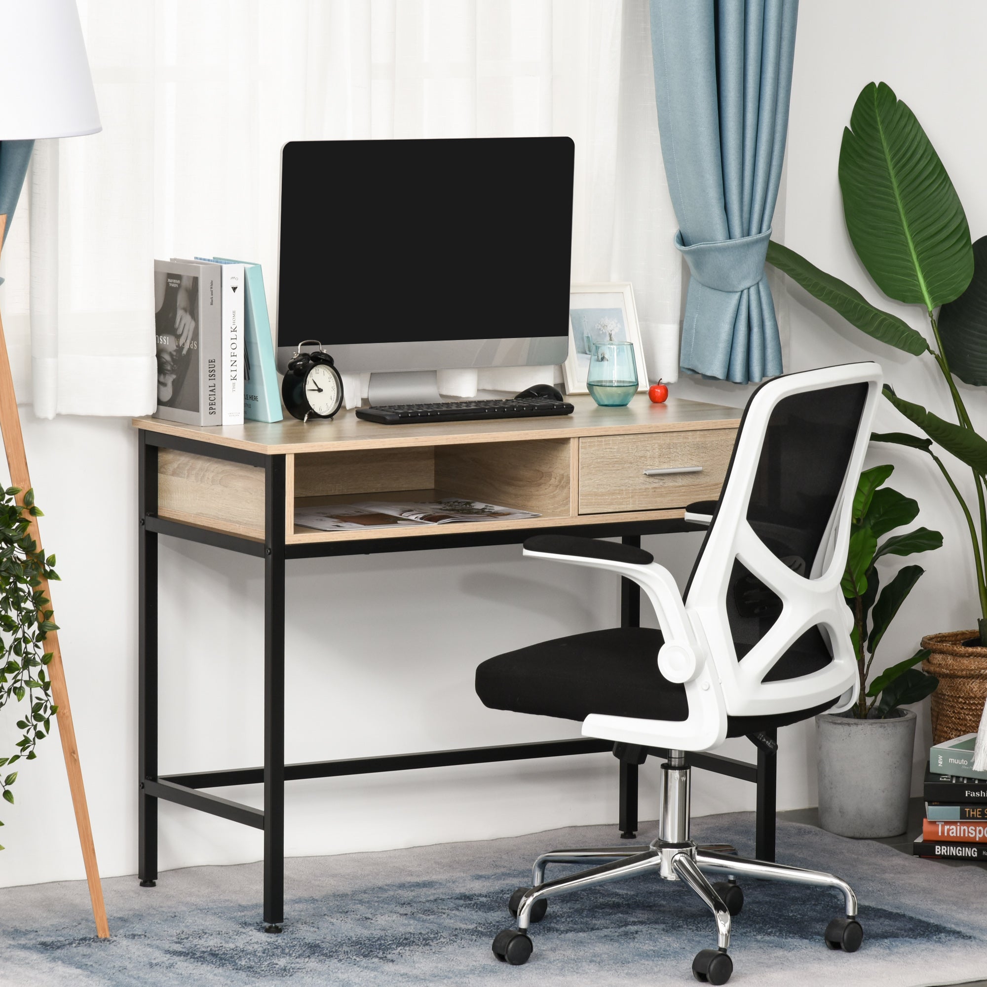 Industrial Desk with Storage Computer Desk with Drawer Metal Frame Black Oak Wood Desktop