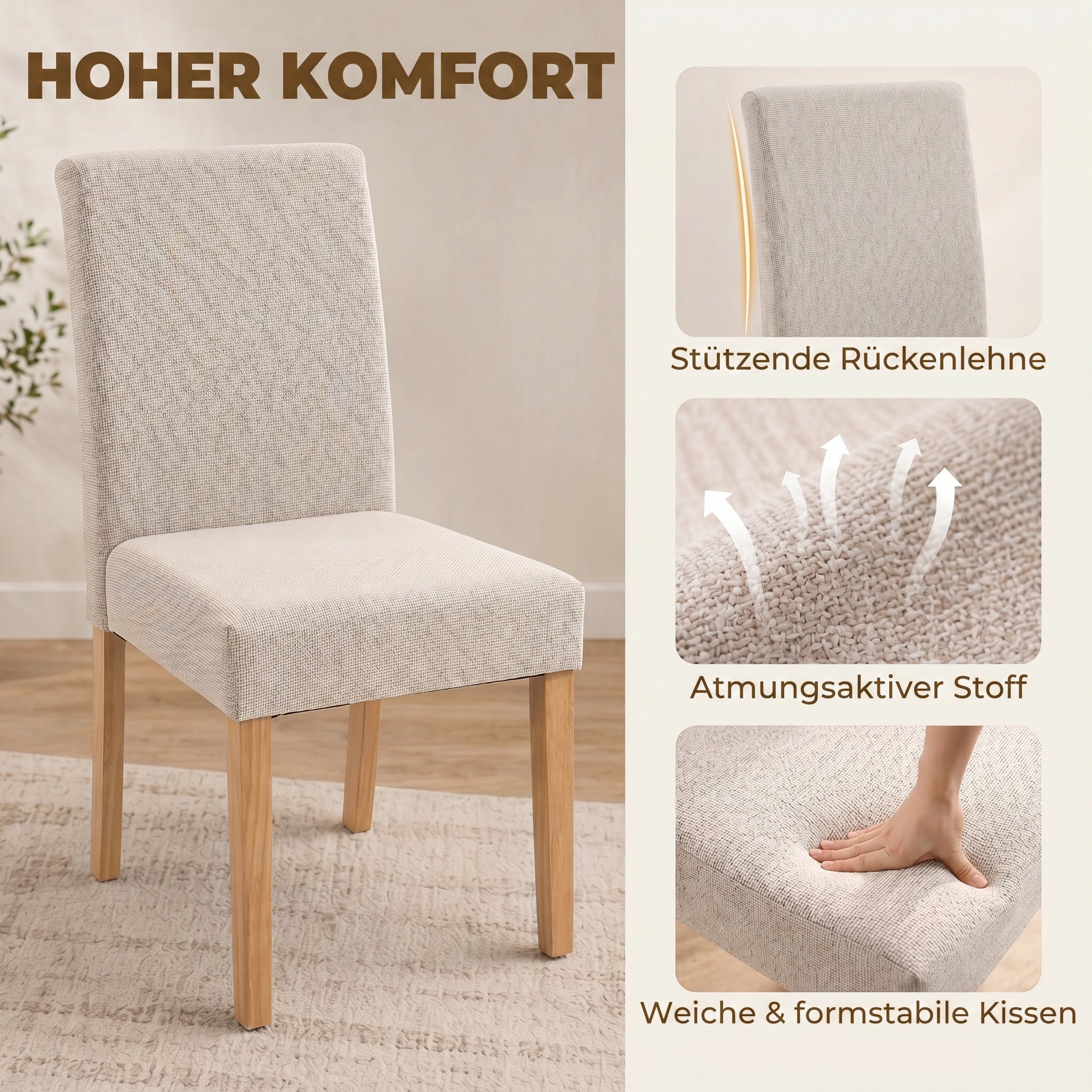 2-Pack Cream Upholstered Dining Chairs — Padded Seat & Back, Rubberwood Legs, Easy Assembly