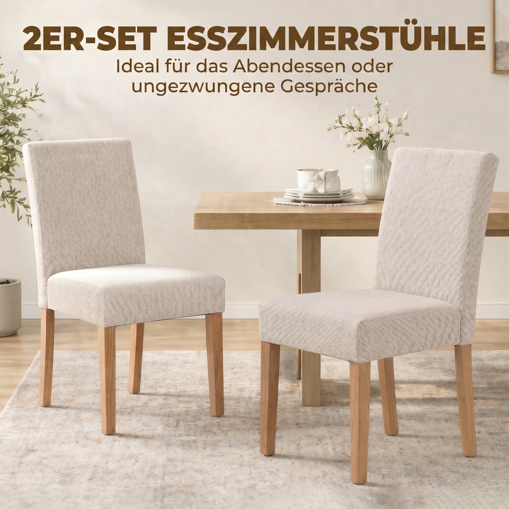 2-Pack Cream Upholstered Dining Chairs — Padded Seat & Back, Rubberwood Legs, Easy Assembly
