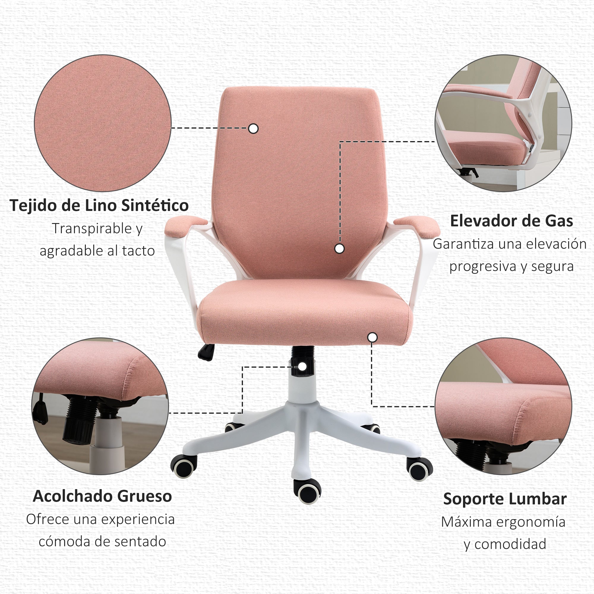 Swivel Office Chair with Armrests and Adjustable Height for Bedroom Living Room Load 120 kg 62x69x92-100 cm Pink