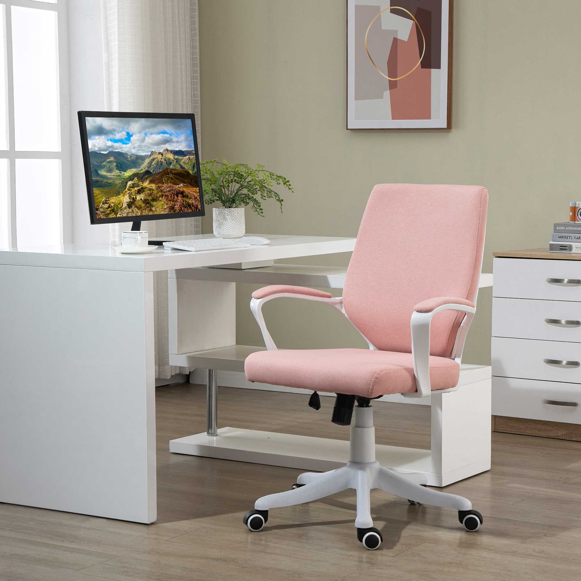 Swivel Office Chair with Armrests and Adjustable Height for Bedroom Living Room Load 120 kg 62x69x92-100 cm Pink