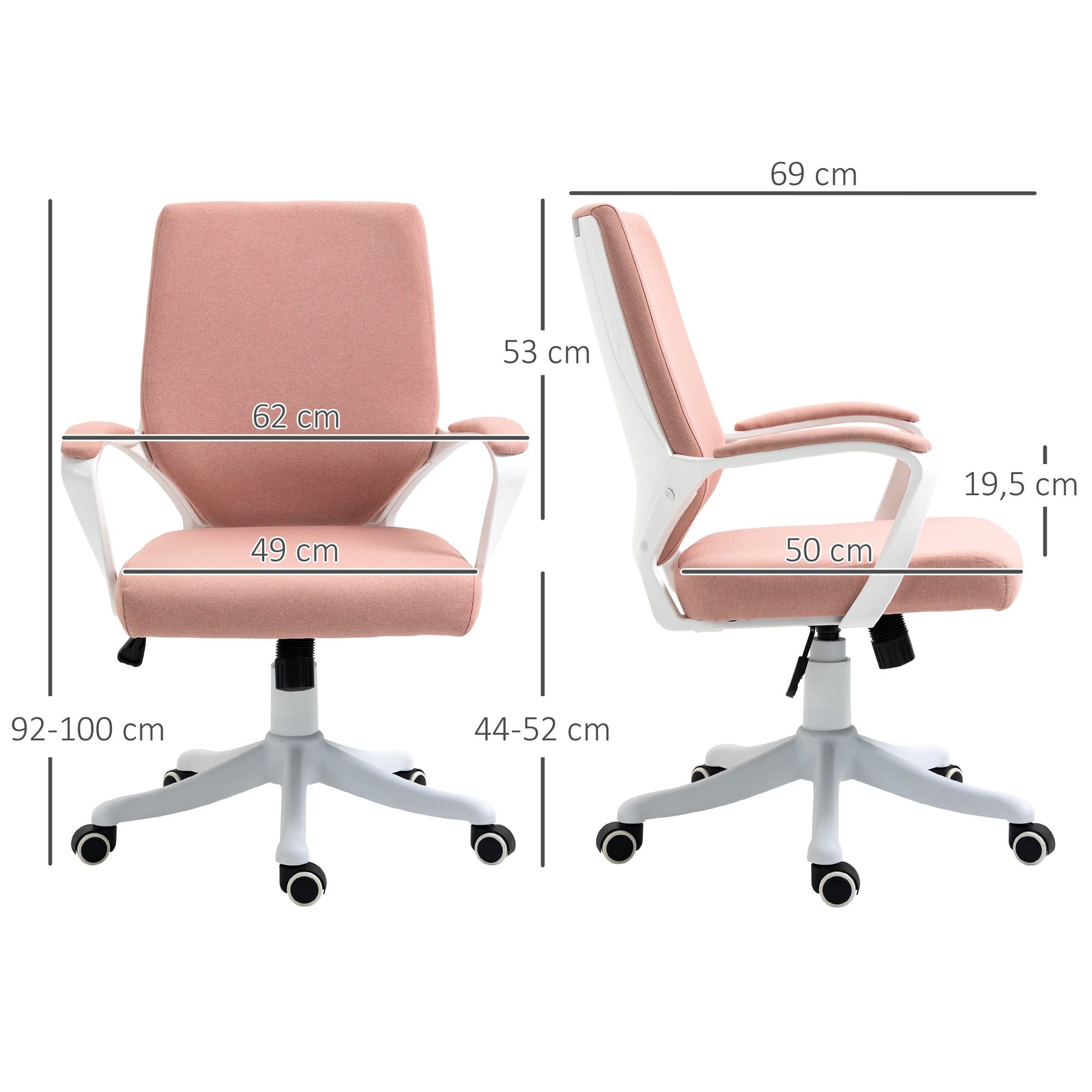 Swivel Office Chair with Armrests and Adjustable Height for Bedroom Living Room Load 120 kg 62x69x92-100 cm Pink