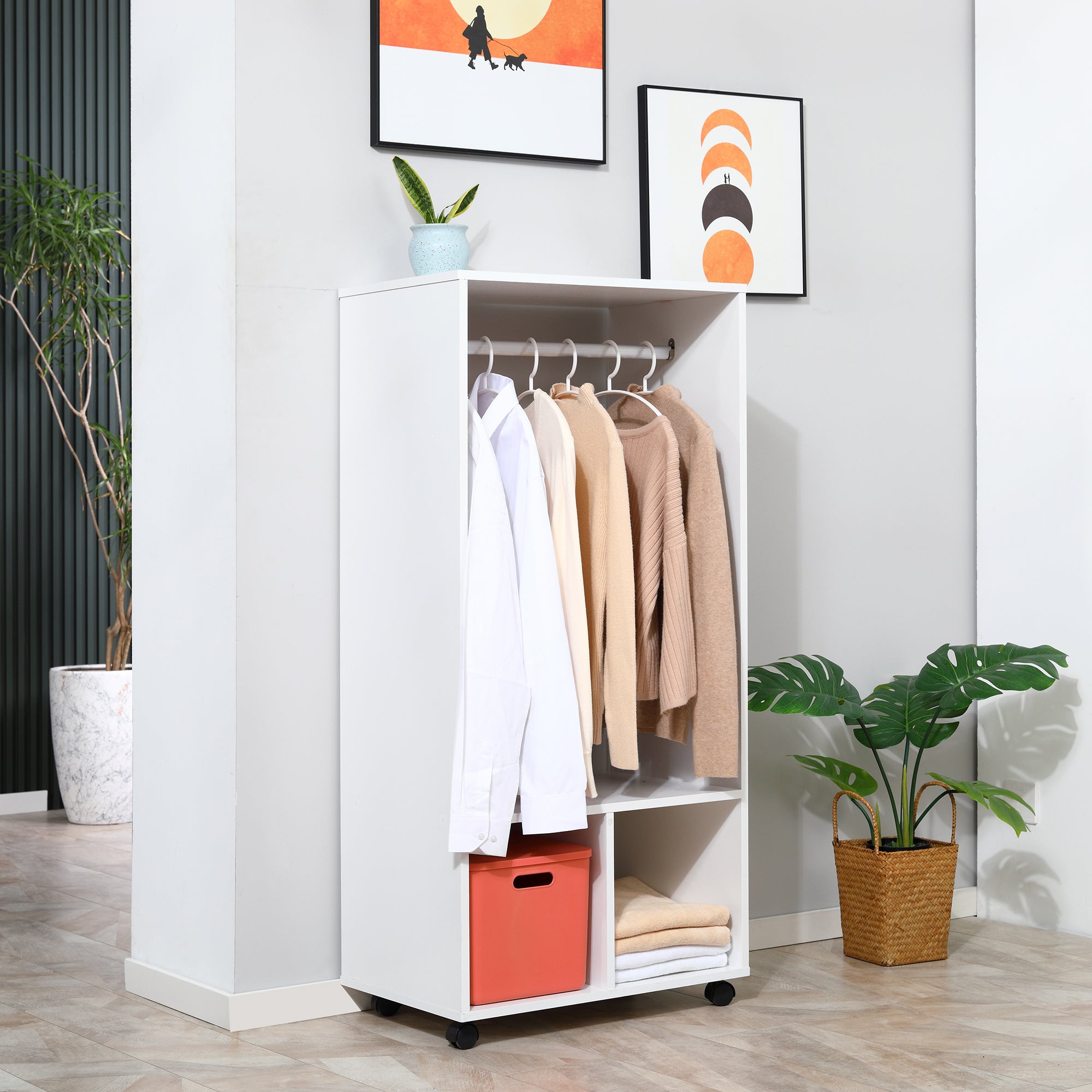 Wardrobe with Wheels Closet for Clothes with Hanging Rail Open Shelves Organizer for Bedroom 60x40x128 cm White