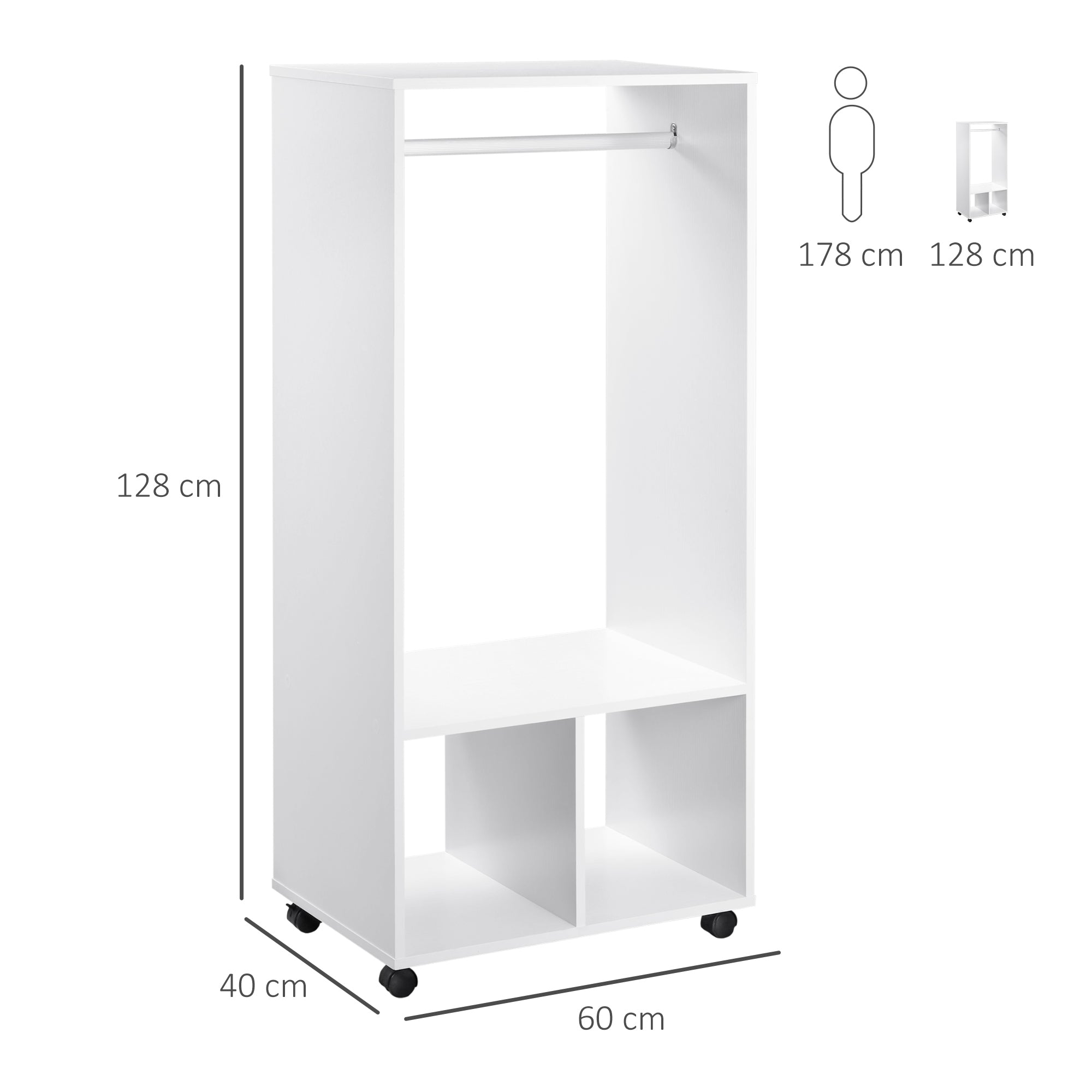 Wardrobe with Wheels Closet for Clothes with Hanging Rail Open Shelves Organizer for Bedroom 60x40x128 cm White