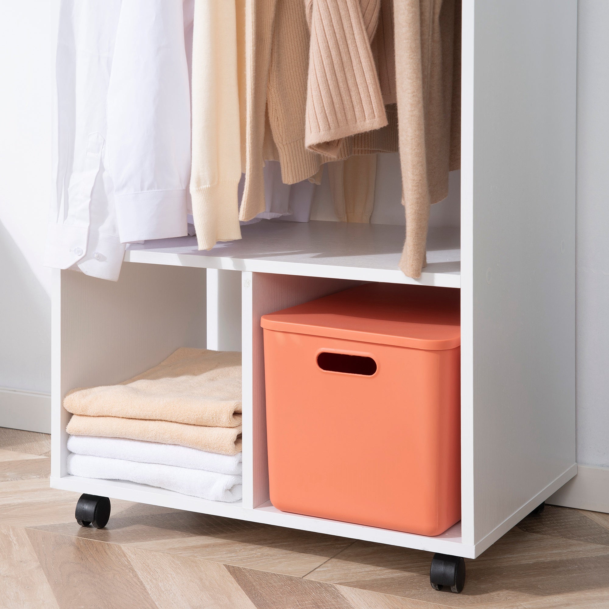 Wardrobe with Wheels Closet for Clothes with Hanging Rail Open Shelves Organizer for Bedroom 60x40x128 cm White