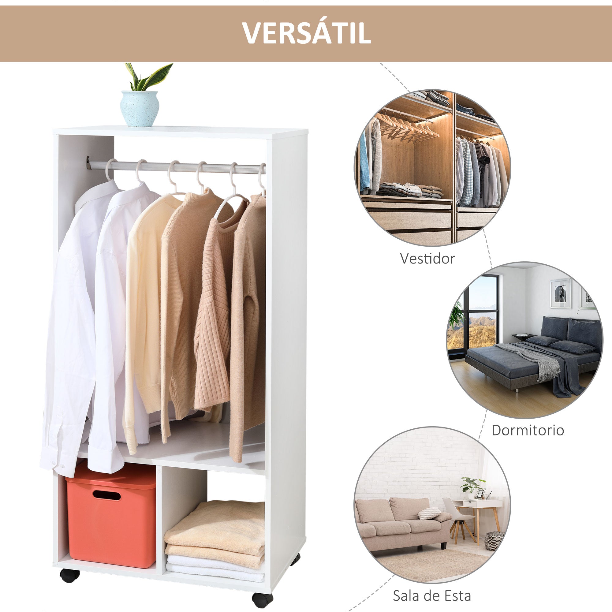 Wardrobe with Wheels Closet for Clothes with Hanging Rail Open Shelves Organizer for Bedroom 60x40x128 cm White