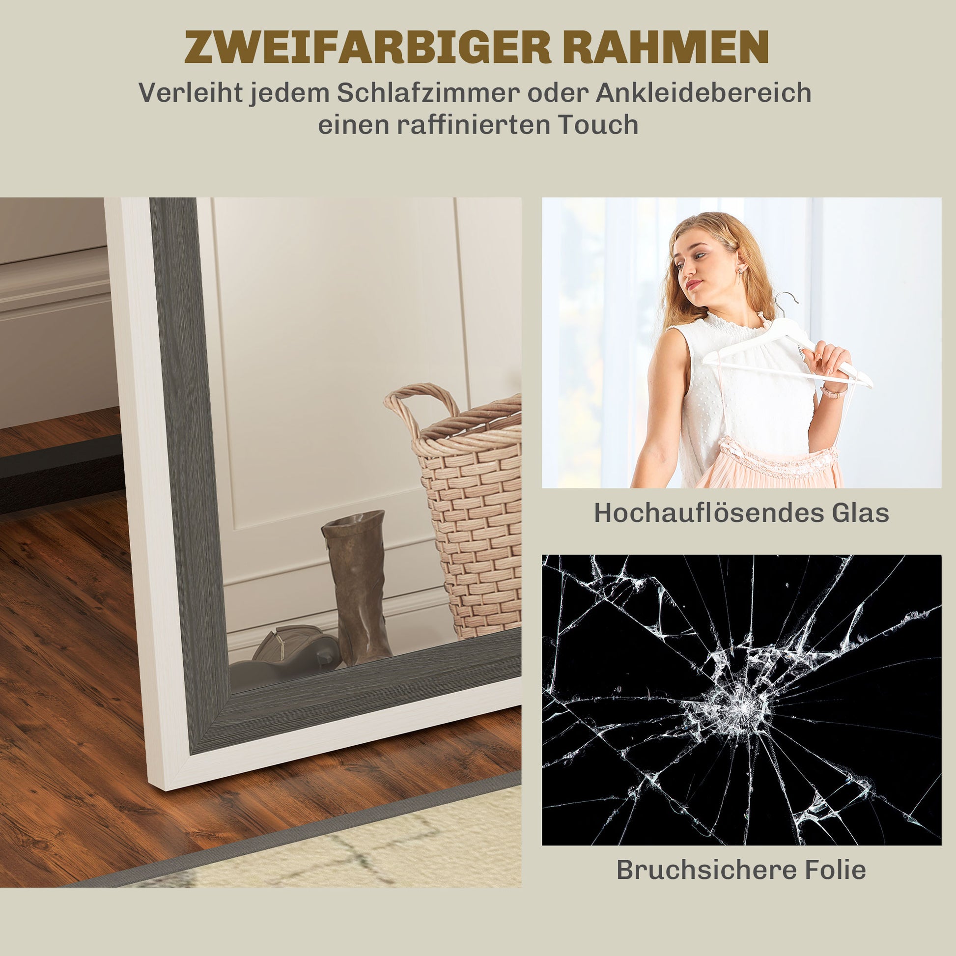 Full Body Mirror, 162.6 x 53.5 cm Floor Mirror with Stand, Wall Mirror for Living Room, Bedroom, Dressing Room Gray+White