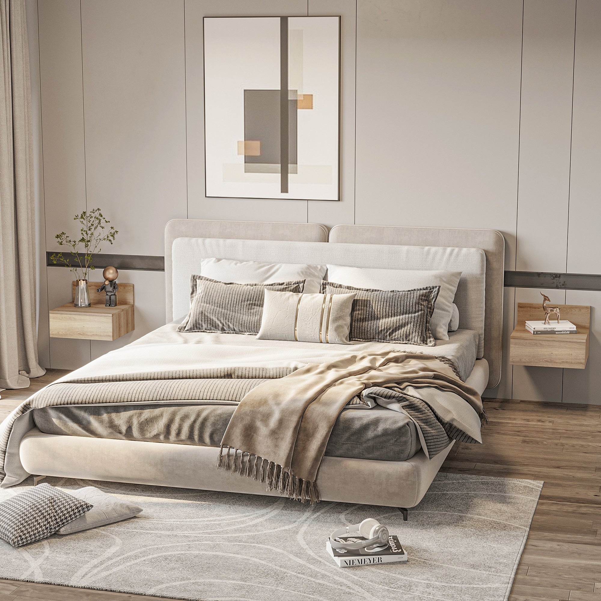 Set of 2 Floating Bedside Tables Nightstands for Bedroom with Drawer Bedside Tables for Bedroom Living Room Home 43x36.5x30.5 cm Natural