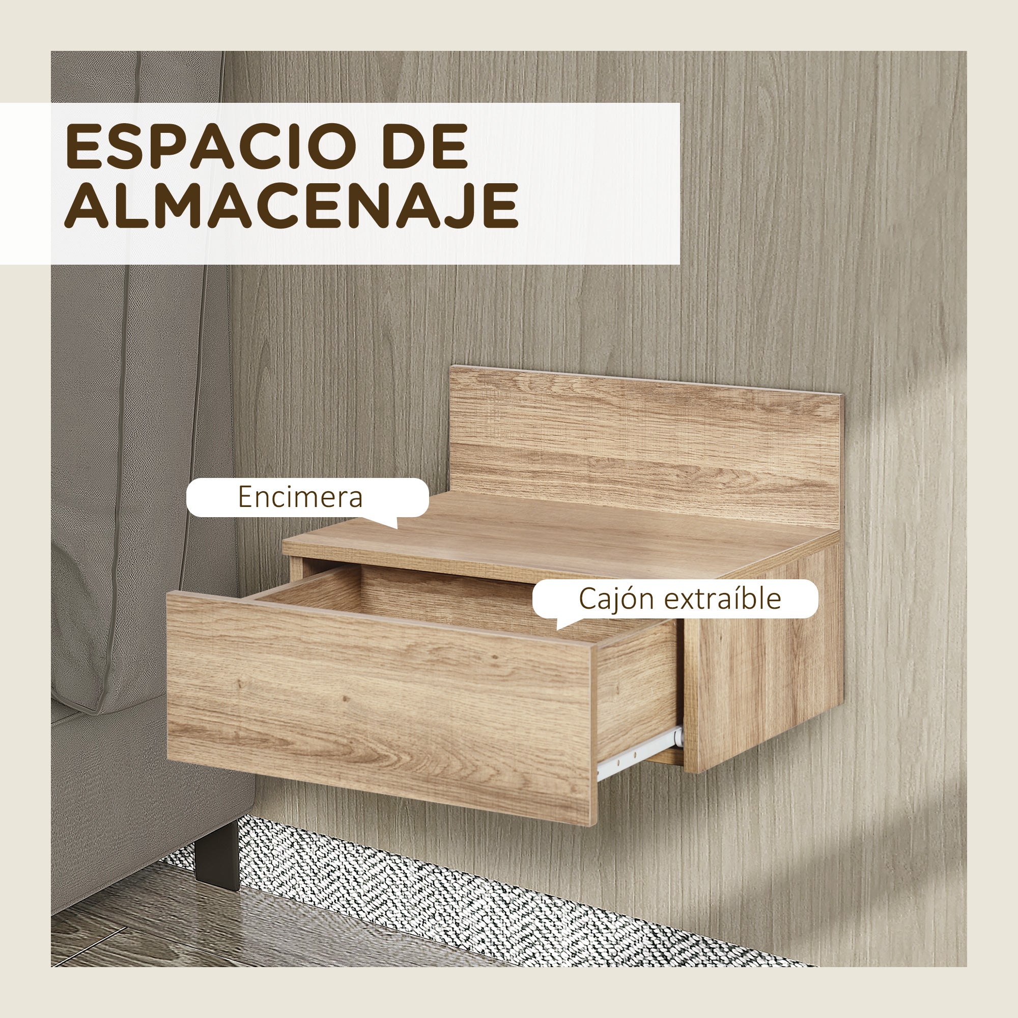 Set of 2 Floating Bedside Tables Nightstands for Bedroom with Drawer Bedside Tables for Bedroom Living Room Home 43x36.5x30.5 cm Natural
