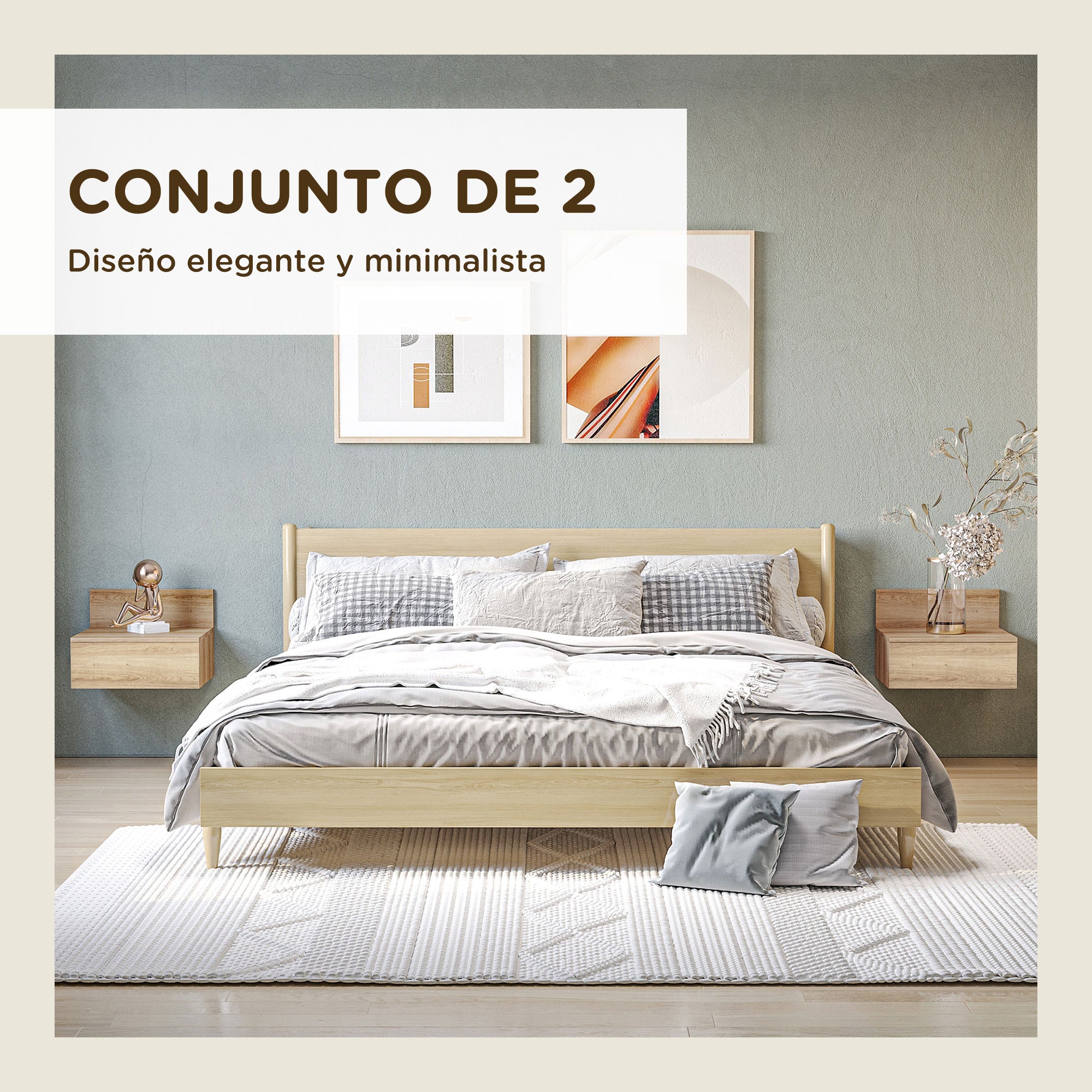 Set of 2 Floating Bedside Tables Nightstands for Bedroom with Drawer Bedside Tables for Bedroom Living Room Home 43x36.5x30.5 cm Natural