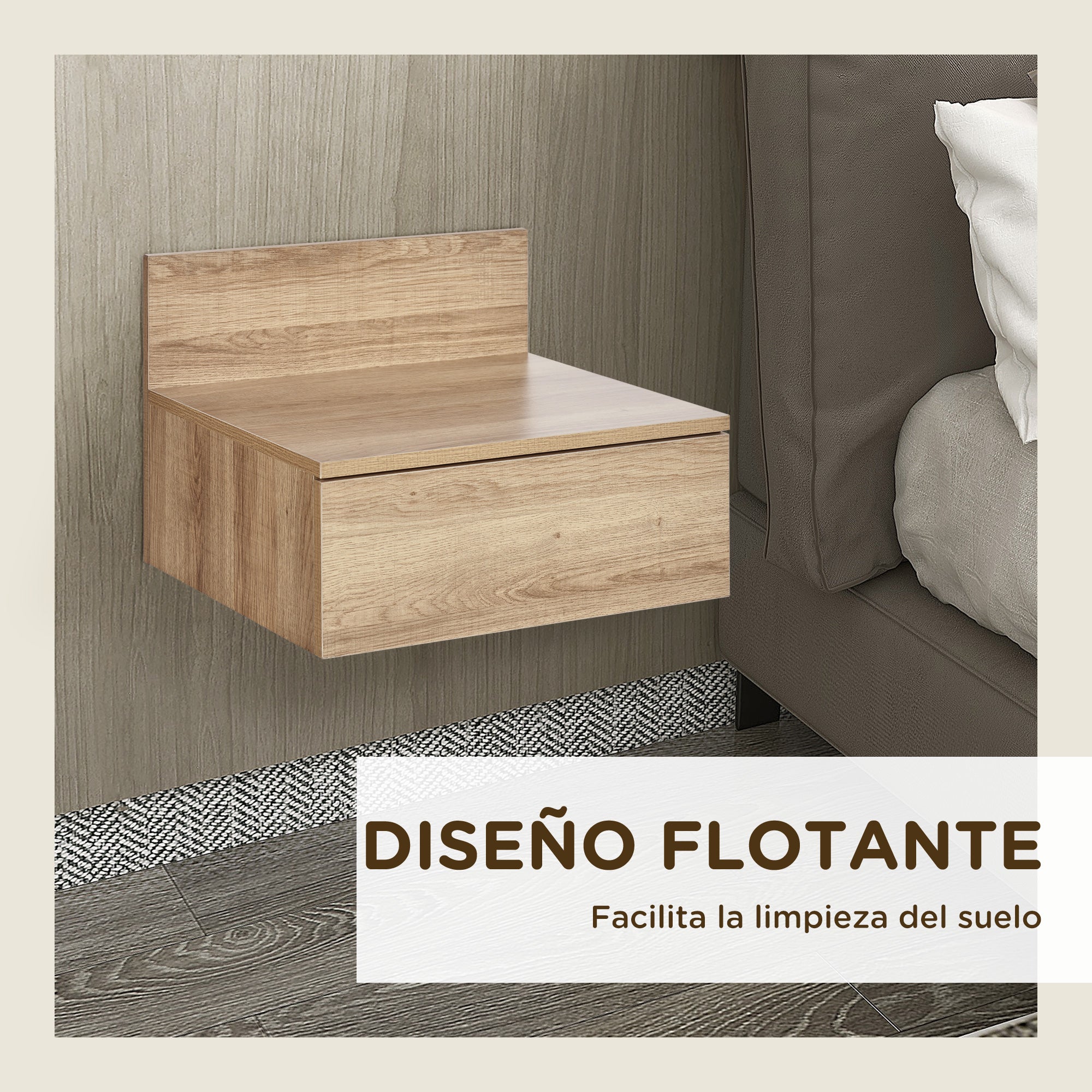 Set of 2 Floating Bedside Tables Nightstands for Bedroom with Drawer Bedside Tables for Bedroom Living Room Home 43x36.5x30.5 cm Natural