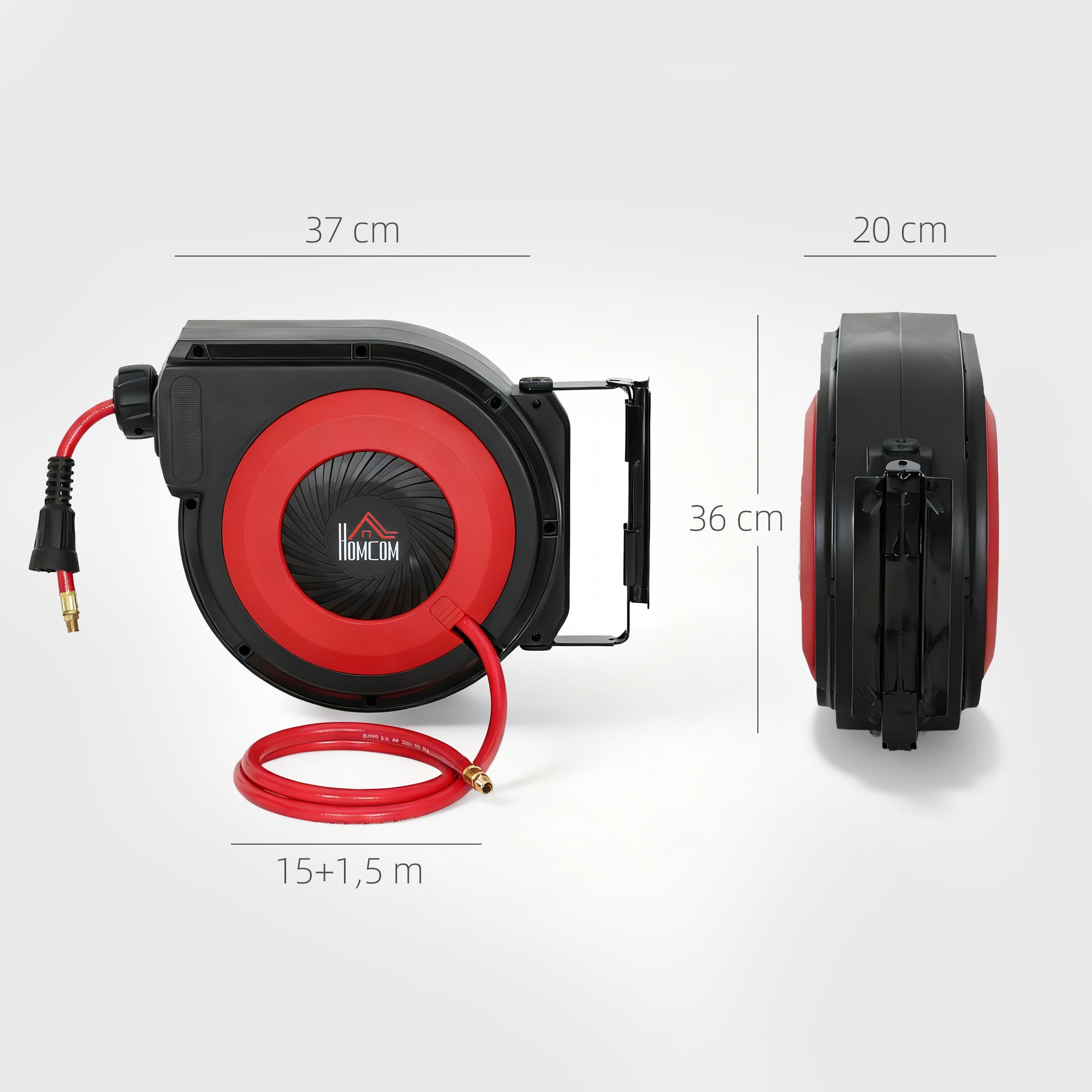 Automatic Air Hose Reel 15 m + 1.5 m Hose with 1/4" Quick Connector, 3/8" (9.5 x 15.8 mm), Max Pressure 10 bar, 180° Swivel, Wall-Mount