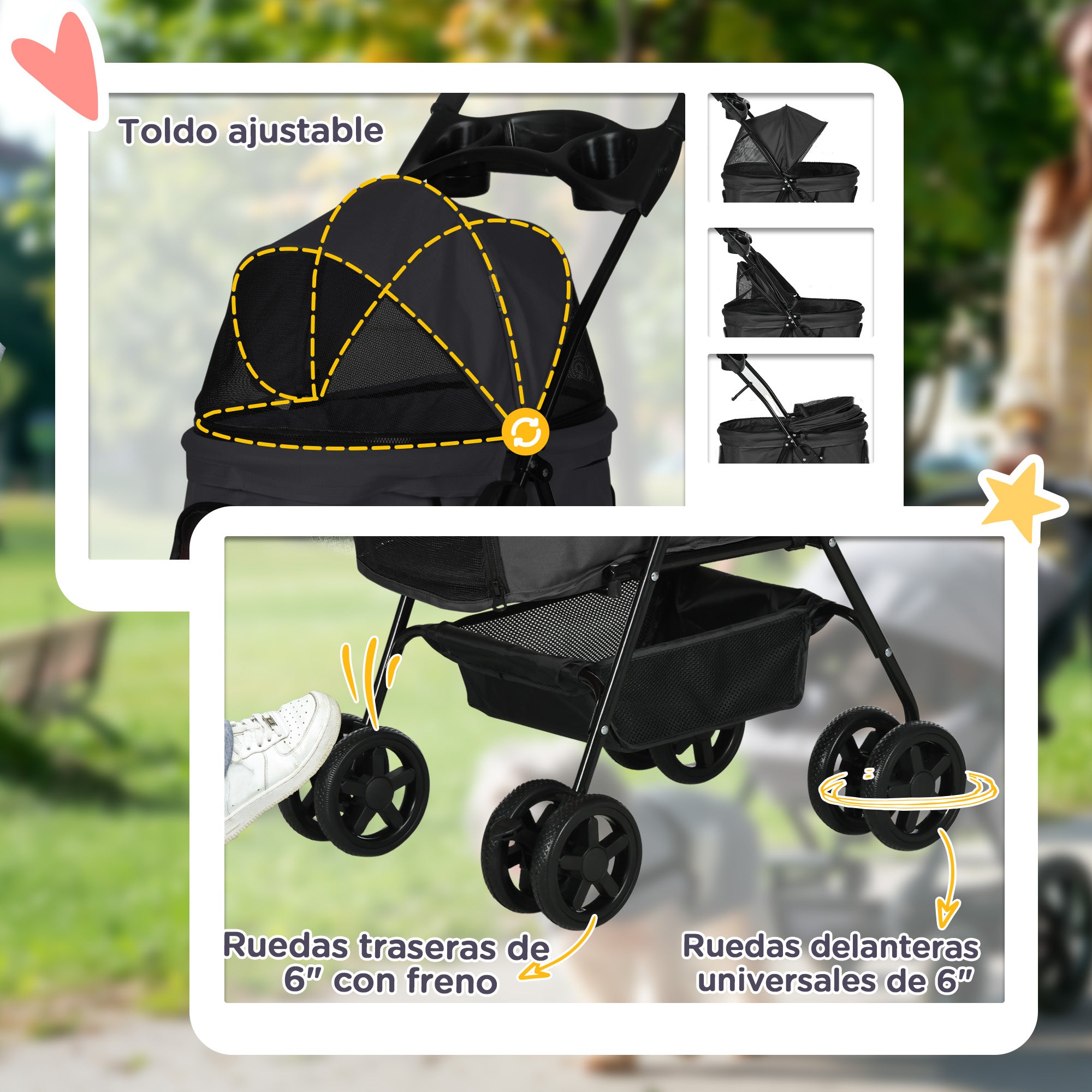 Foldable Pet Stroller for Small Dogs with Universal Wheels Storage Basket Safety Straps and Window Capacity 15 kg 67x45x96 cm Black