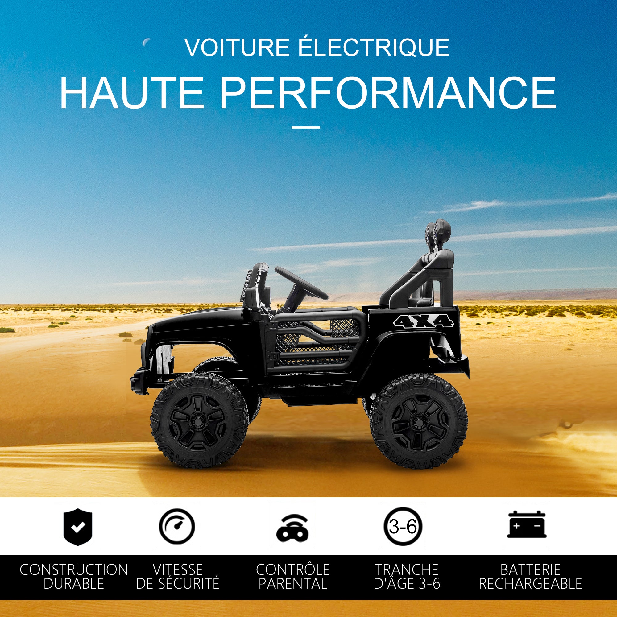 12V Electric 4x4 Car for Children with Remote Control Headlights and Horn - 3-6 Years - Black