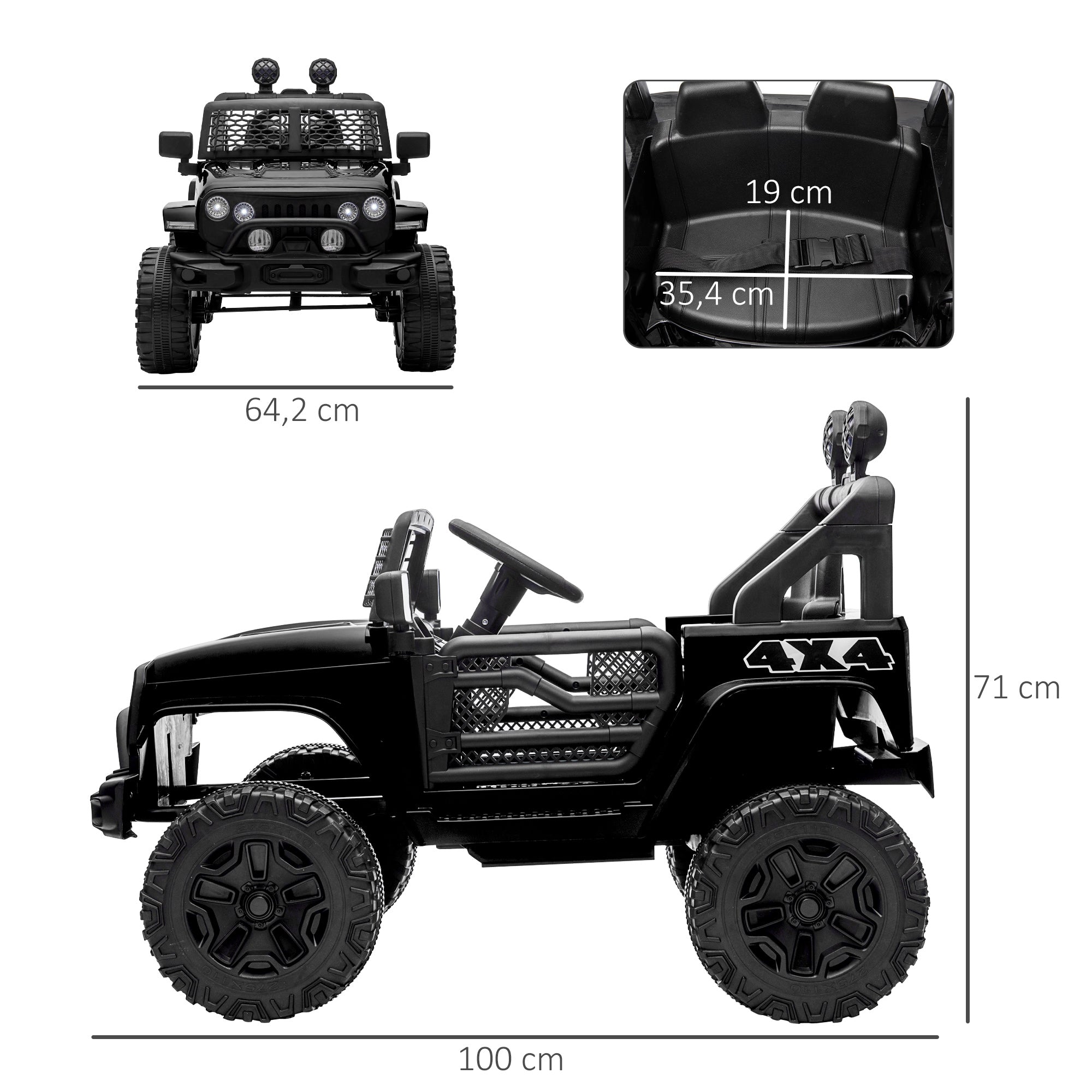 12V Electric 4x4 Car for Children with Remote Control Headlights and Horn - 3-6 Years - Black