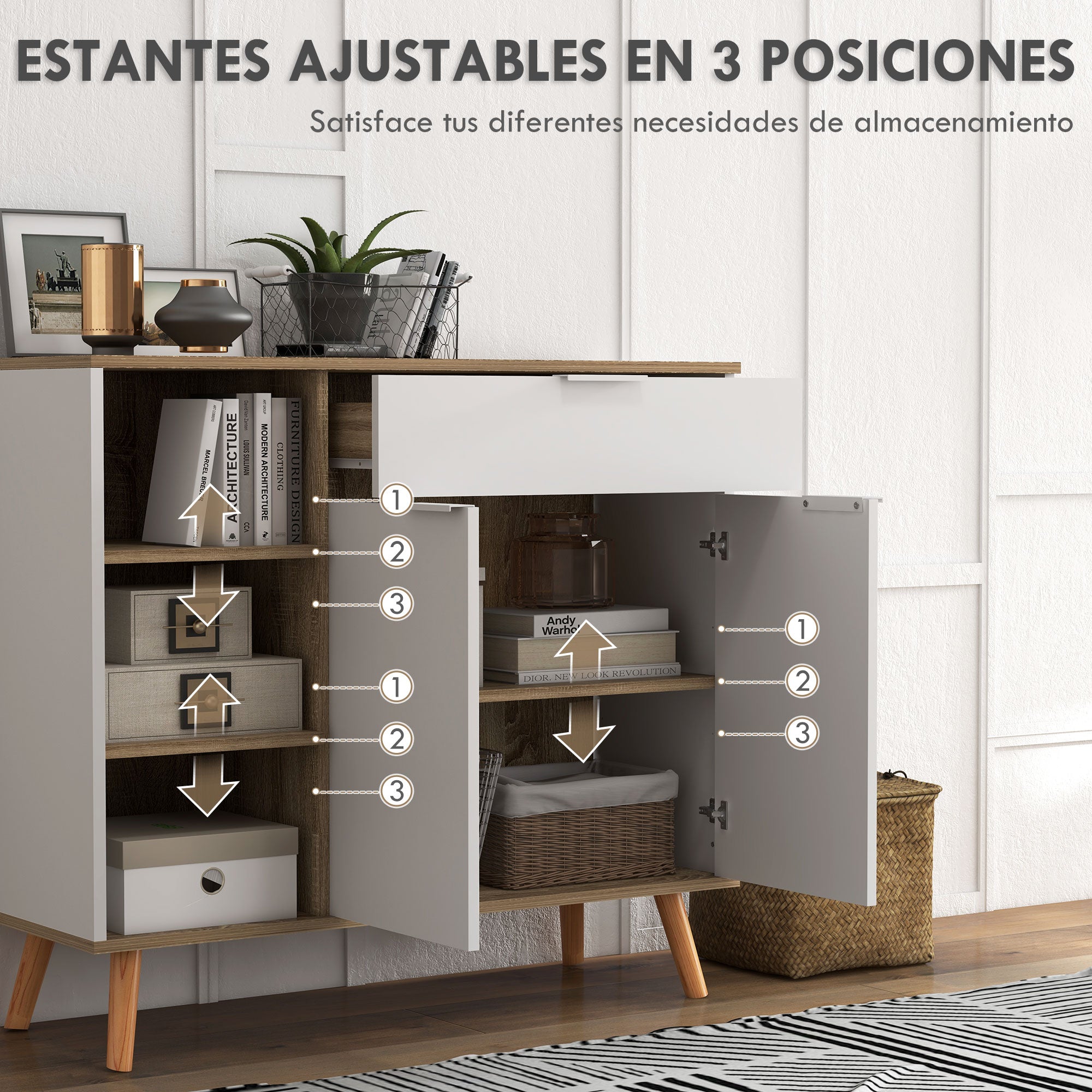 Modern Living Room Sideboard Kitchen Sideboard with 1 Drawer 2 Soft-Close Doors and Adjustable Shelves for Dining Room Hallway Bedroom 95x35x85 cm White and Natural