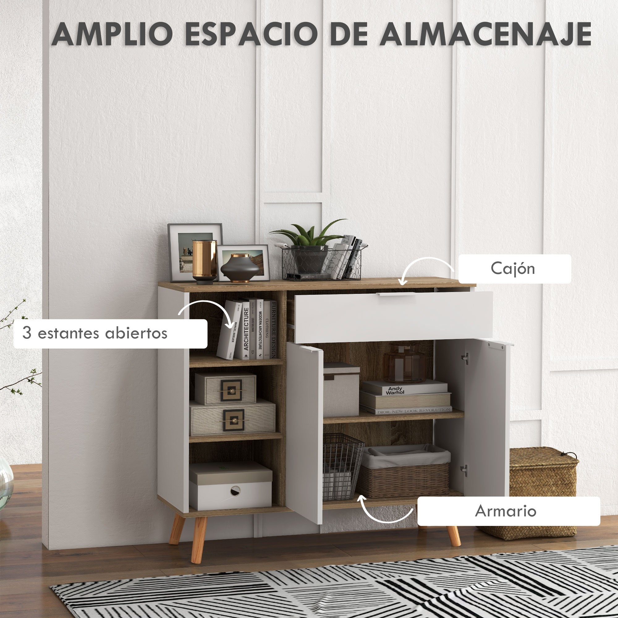 Modern Living Room Sideboard Kitchen Sideboard with 1 Drawer 2 Soft-Close Doors and Adjustable Shelves for Dining Room Hallway Bedroom 95x35x85 cm White and Natural