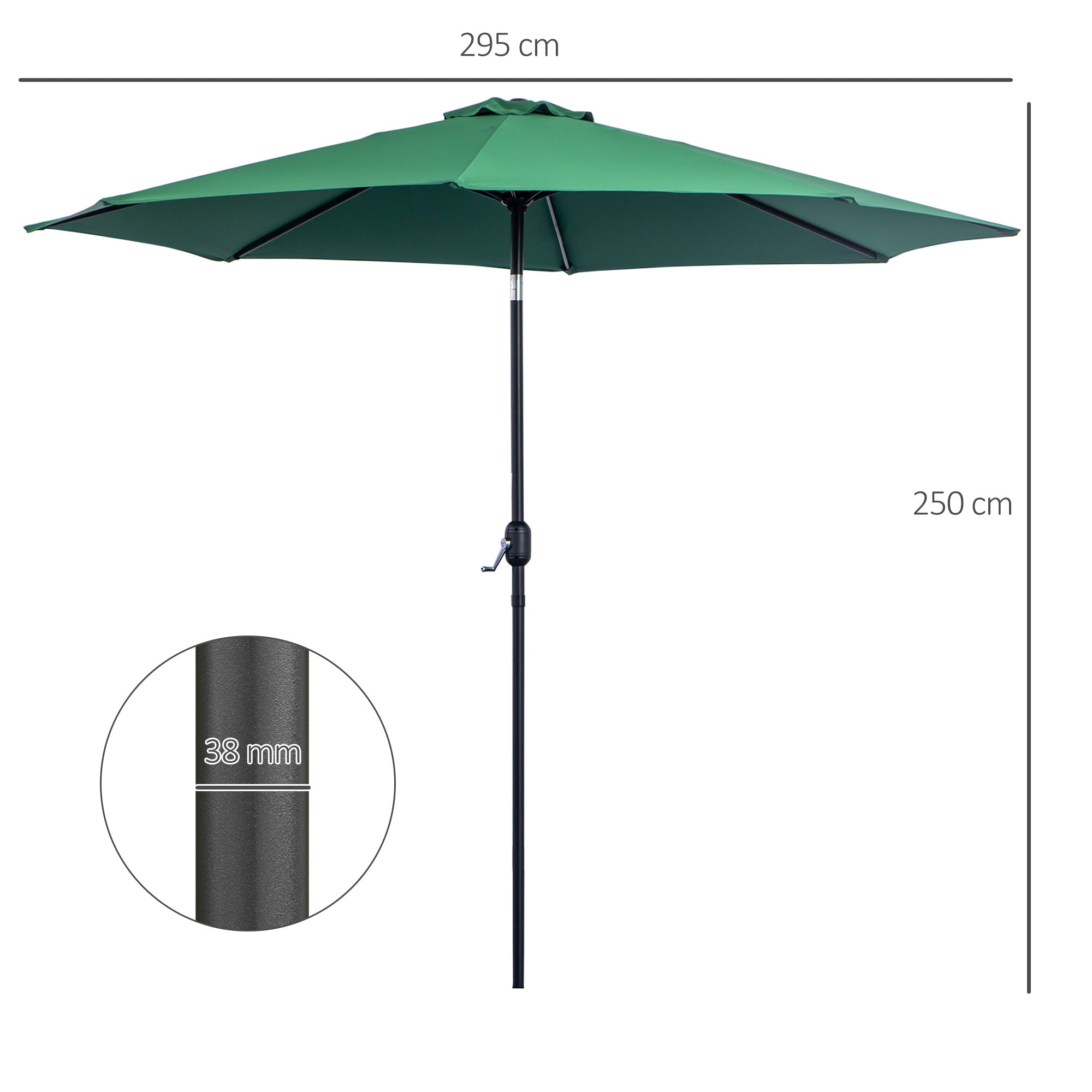 Garden Umbrella Ø295x250 cm with Crank Outdoor Sunshade with Tilt Mechanism and Detachable Metal Pole for Terrace Pool Patio Green