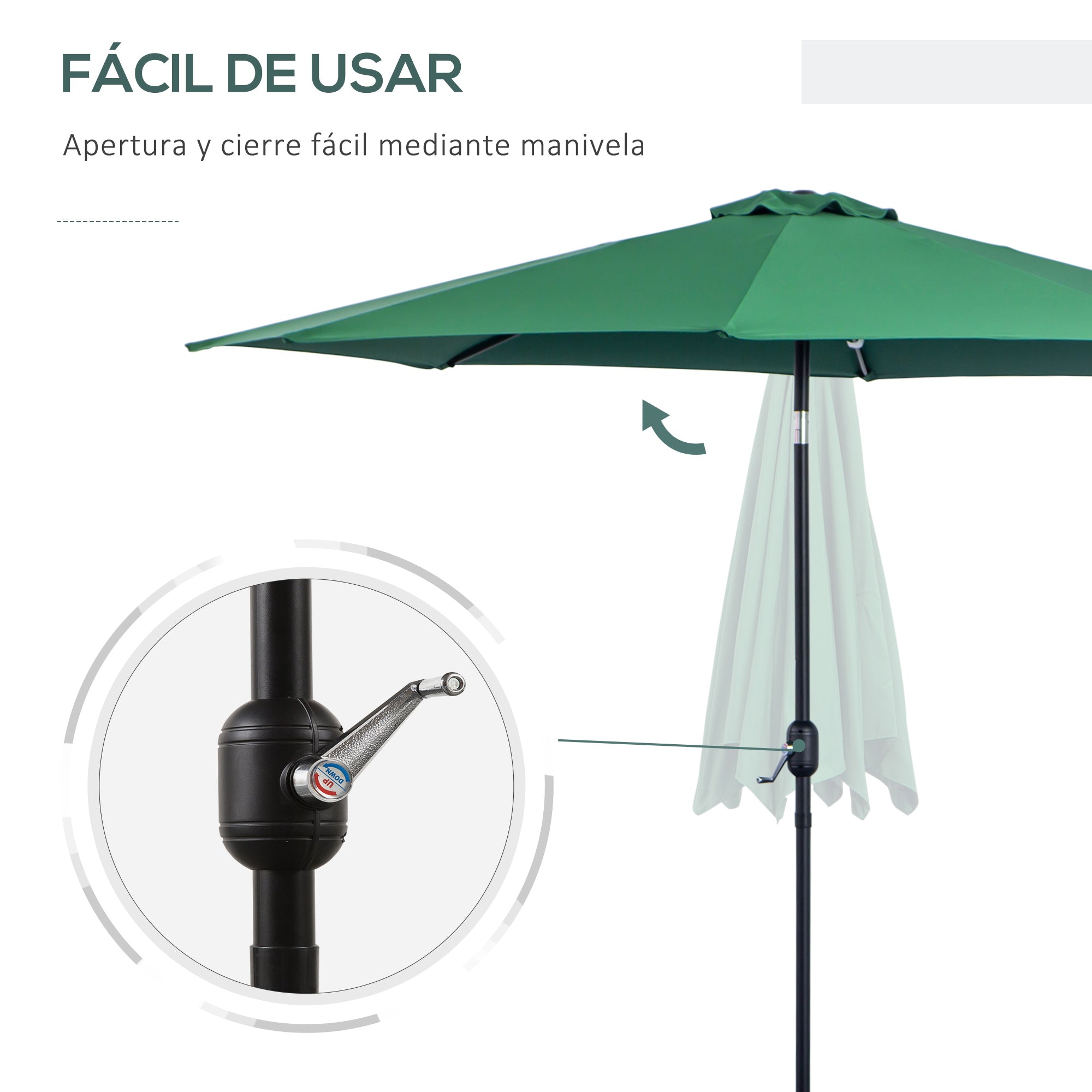 Garden Umbrella Ø295x250 cm with Crank Outdoor Sunshade with Tilt Mechanism and Detachable Metal Pole for Terrace Pool Patio Green