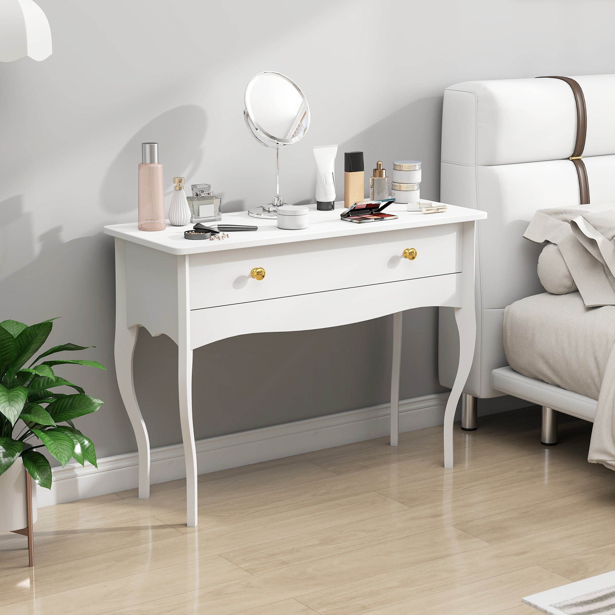 Vanity Table, Makeup Dressing Table with Large Drawer and Cabriole Legs, Vanity Desk for Bedroom, 100 x 40 x 74 cm, White