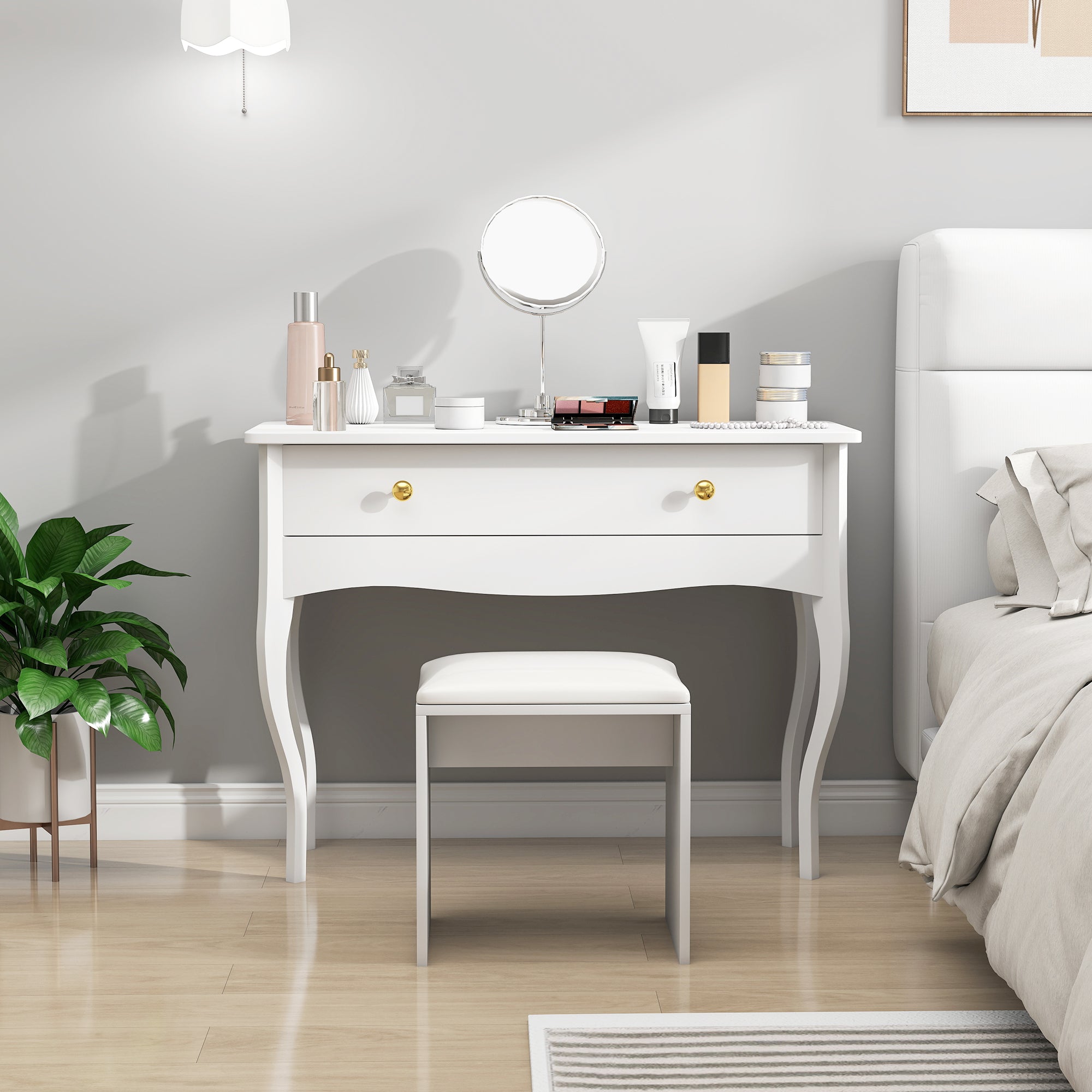 Vanity Table, Makeup Dressing Table with Large Drawer and Cabriole Legs, Vanity Desk for Bedroom, 100 x 40 x 74 cm, White