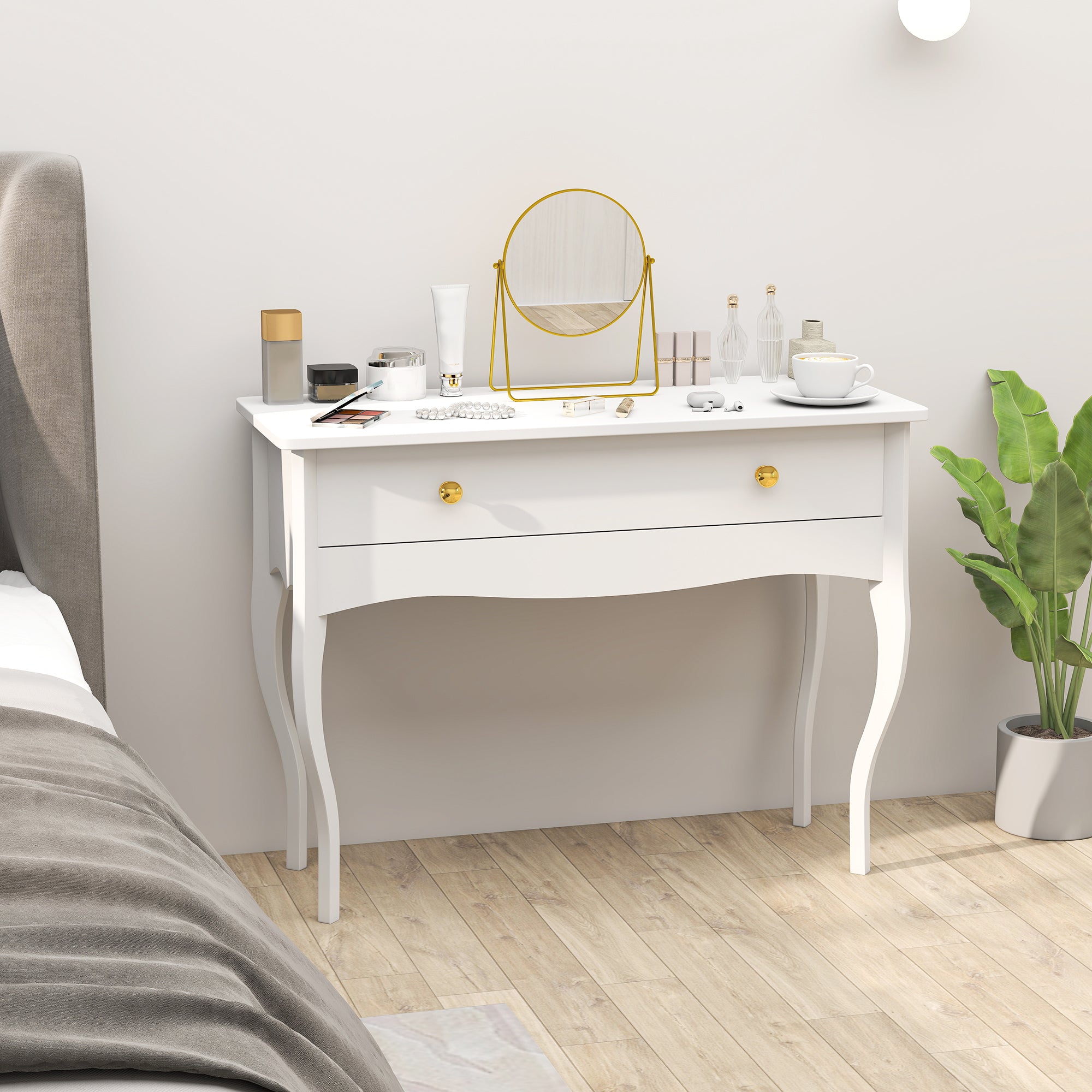 Vanity Table, Makeup Dressing Table with Large Drawer and Cabriole Legs, Vanity Desk for Bedroom, 100 x 40 x 74 cm, White