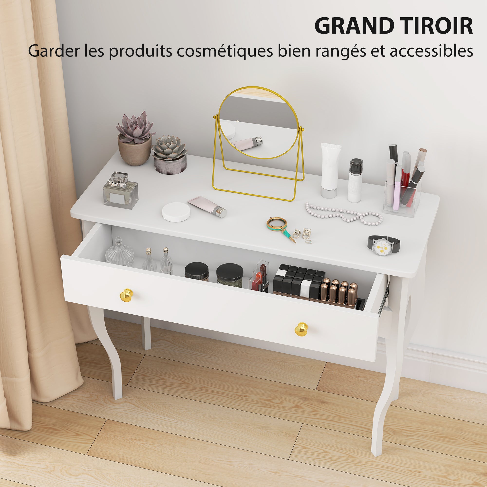 Vanity Table, Makeup Dressing Table with Large Drawer and Cabriole Legs, Vanity Desk for Bedroom, 100 x 40 x 74 cm, White