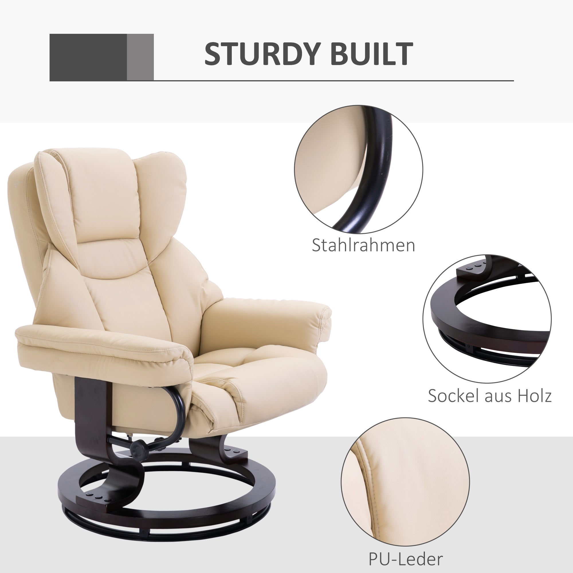Relax Chair with Footstool, Swivel TV Chair, TV Chair with Reclining Function, Recliner Chair, Lounger for Living Room, Bedroom, Faux Leather, Cream