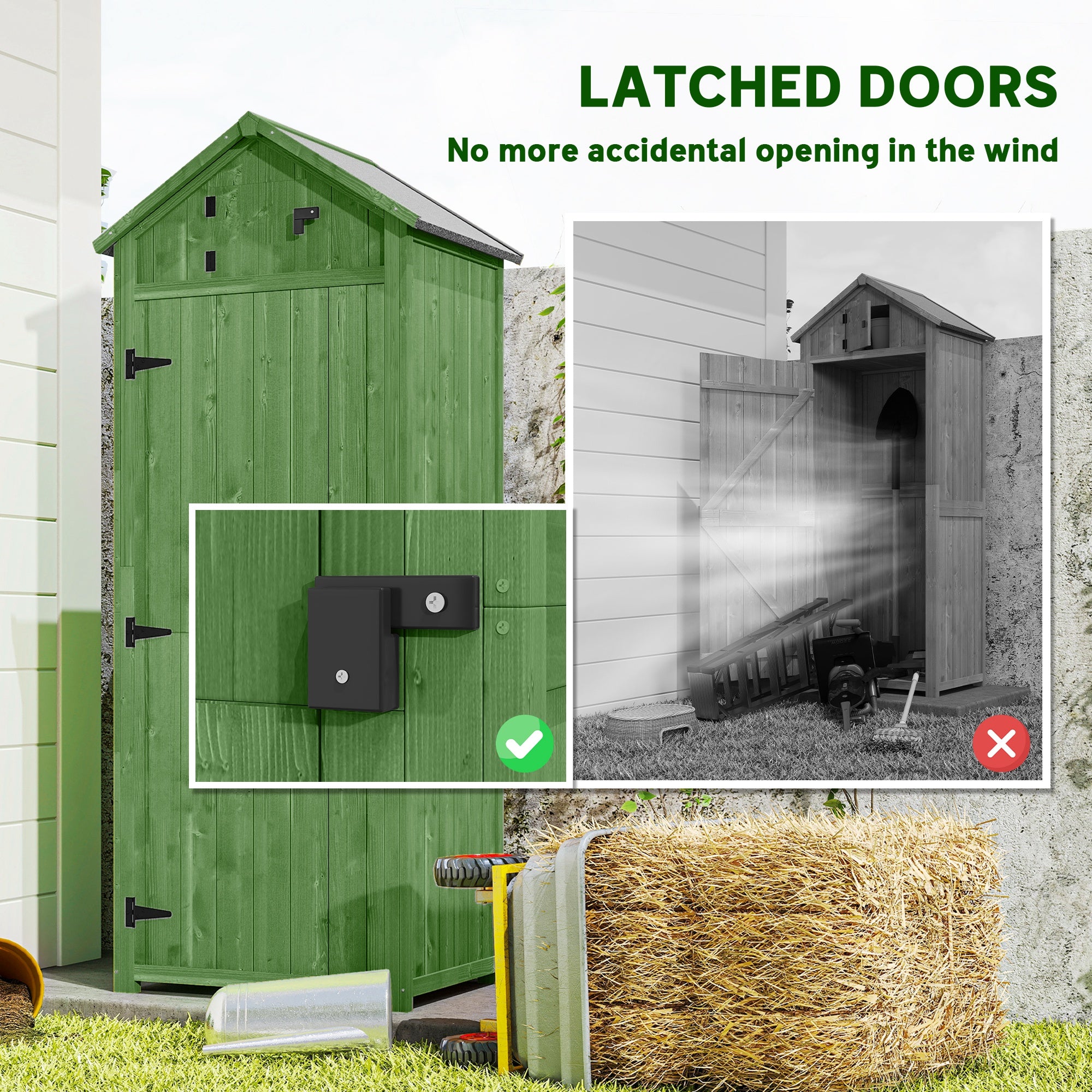 Wooden Garden Storage Shed with 3 Removable Shelves, Lockable Door, Asphalt Gable Roof & Window – 77 x 54.2 x 179 cm (Green)