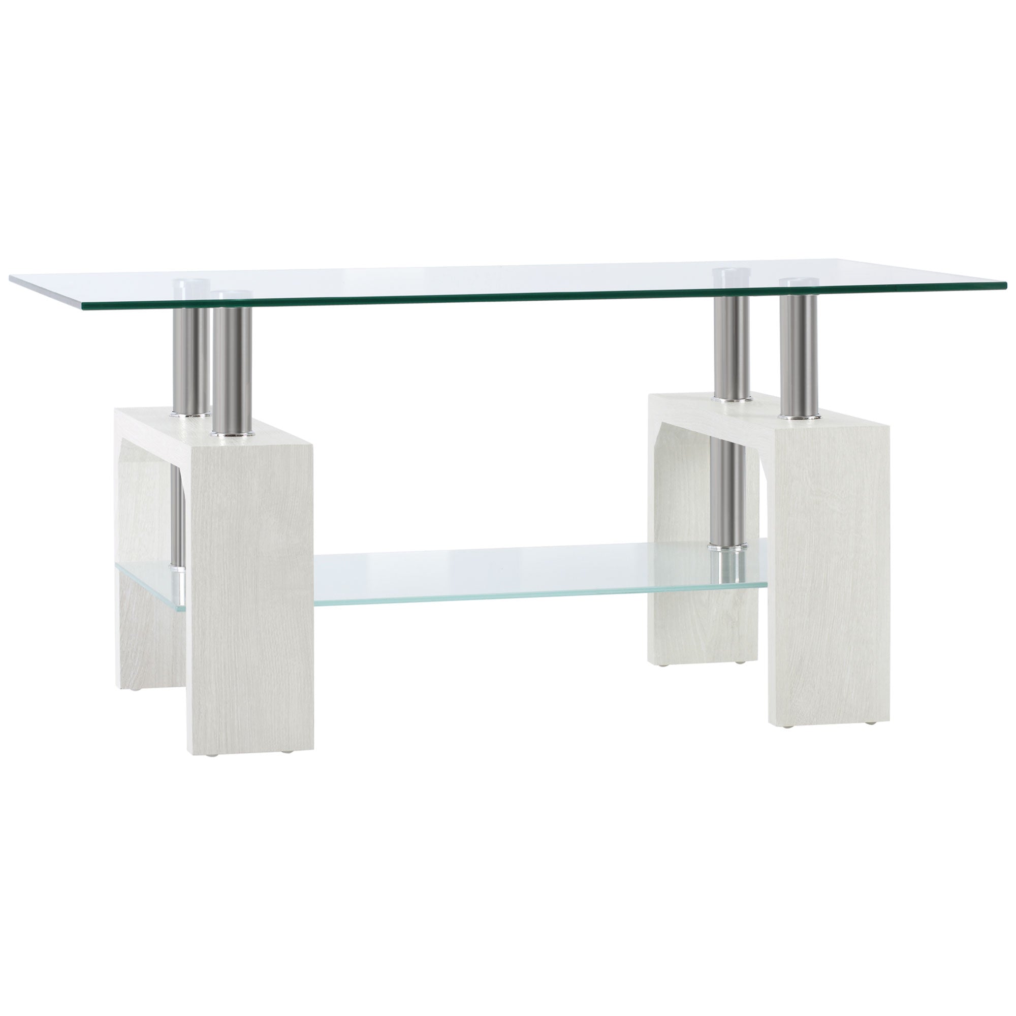 2-Tier Coffee Table, Modern Living Room Table with Glass Top and Wood and Steel Structure, 90x50x42cm, White