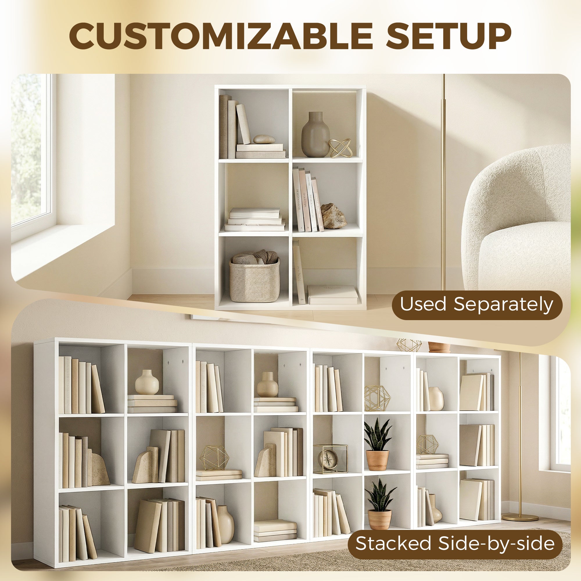 Narrow 3-Tier 6-Cube Bookshelf — Space-Saving Storage with Anti-Tip Strap, White