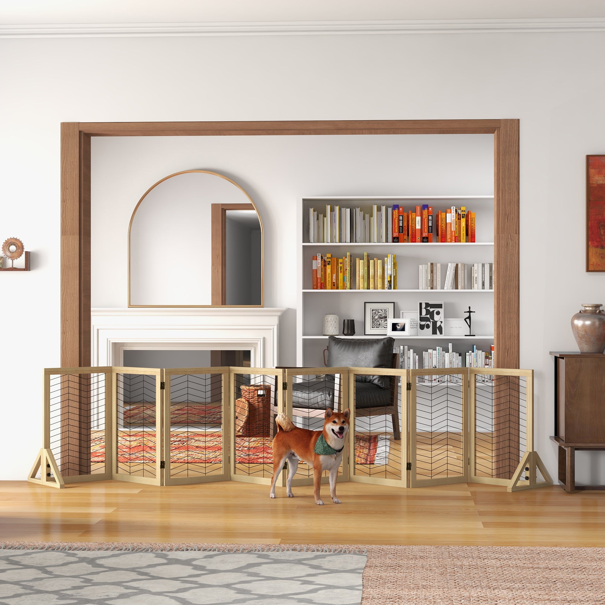 Wooden Dog Gate, Door Guard, Foldable Dog Gate with 8 Panels, Dog Fence, Stair Gate, Fireplace Guard for Oven, Natural, 375 x 44 x 70 cm