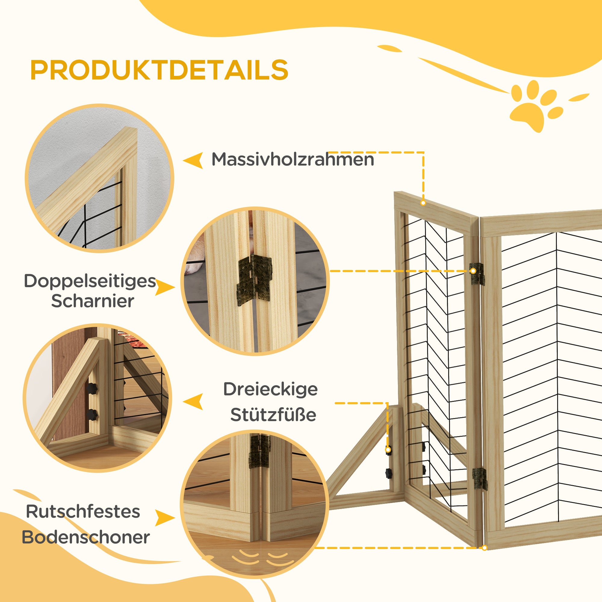 Wooden Dog Gate, Door Guard, Foldable Dog Gate with 8 Panels, Dog Fence, Stair Gate, Fireplace Guard for Oven, Natural, 375 x 44 x 70 cm