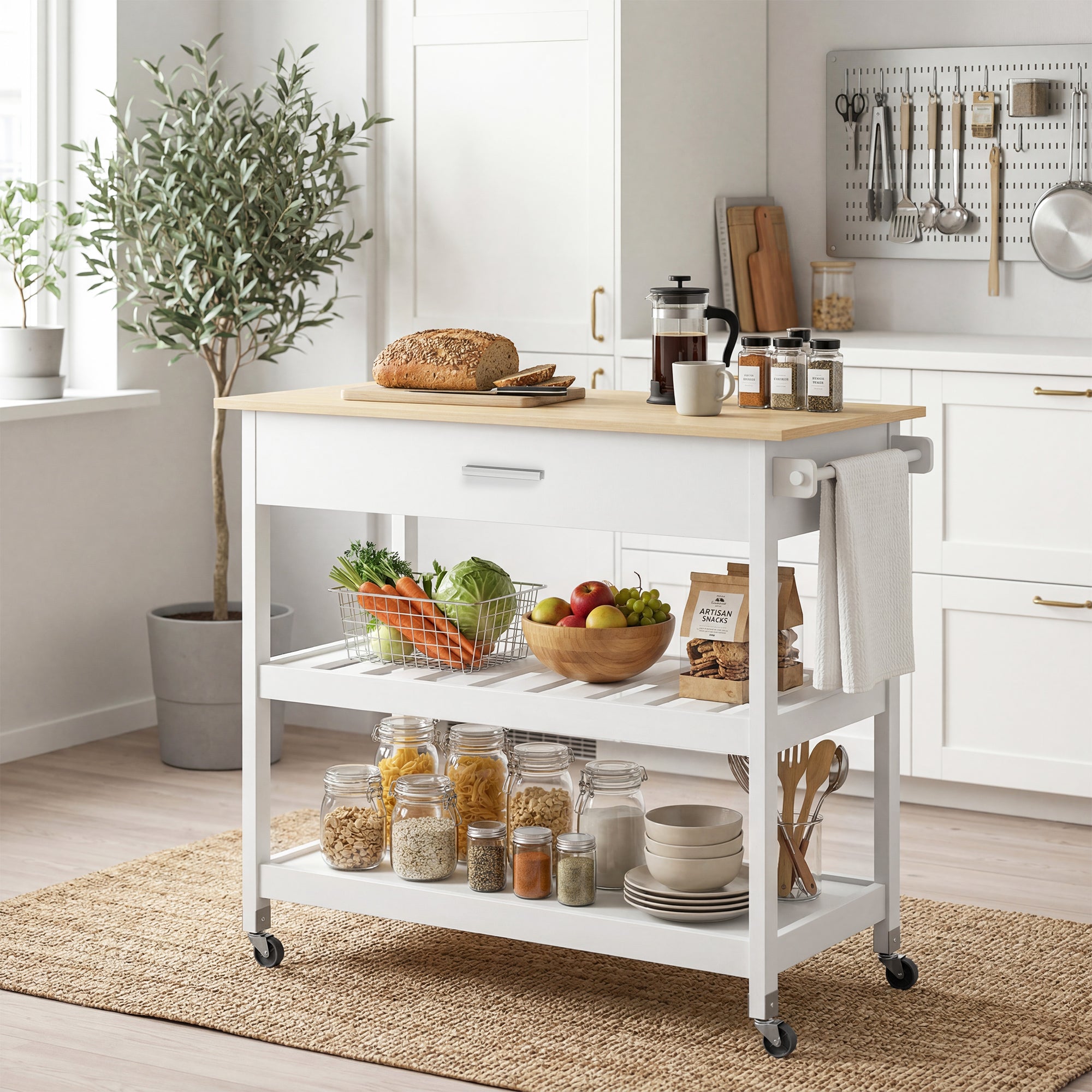 3-Tier Serving Cart with Large Worktop, Drawer & 2 Open Shelves, Towel Rack, Rolling Kitchen Trolley, White — 108.8 x 51 x 92.5 cm (42.8 x 20.1 x 36.4 in)