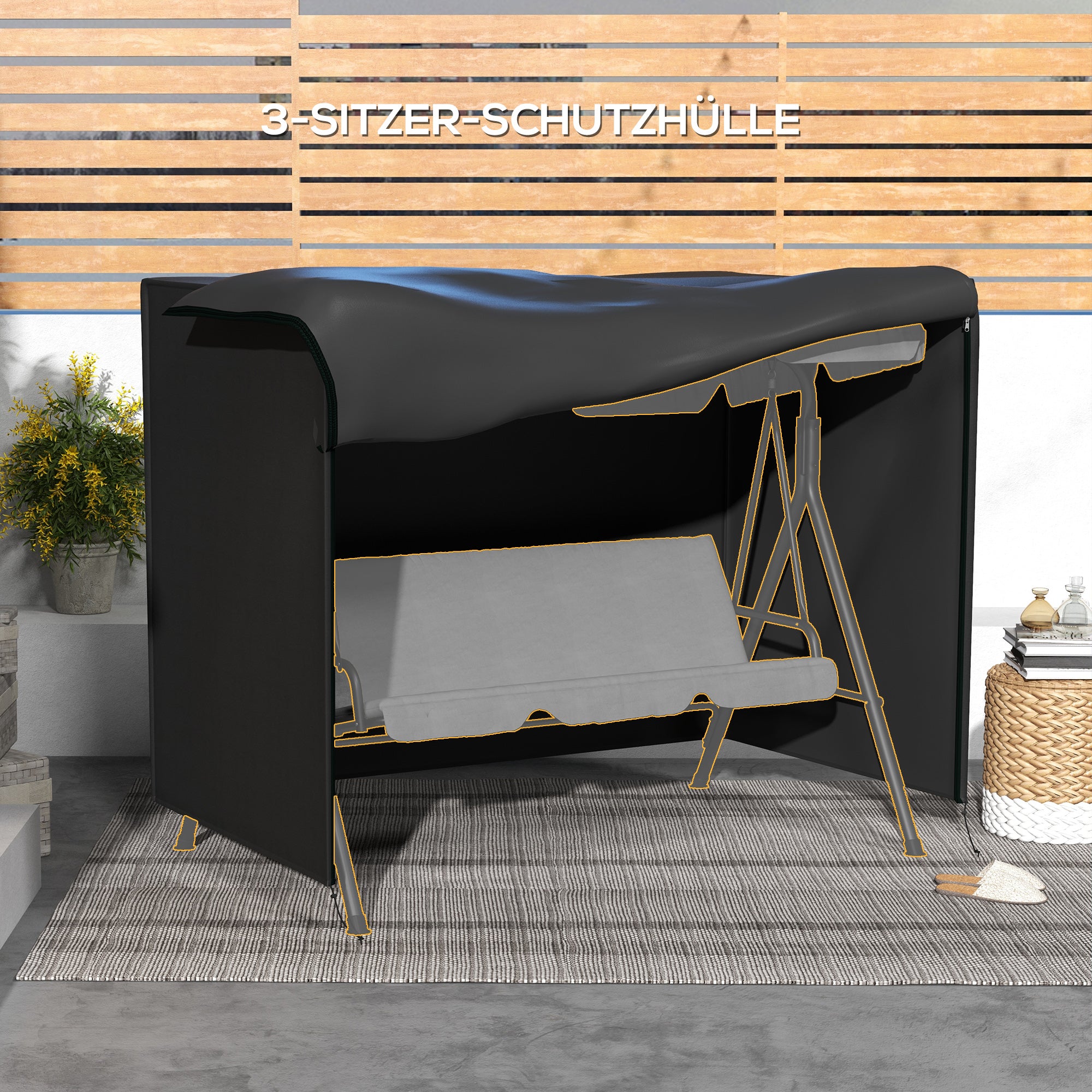 Hollywood Swing Cover 3 Seater, Water-Resistant Winterproof Protective Cover for Garden Swing, UV-Resistant Cover, Tear-Resistant 600D Oxford Fabric, 205x124x164cm Black