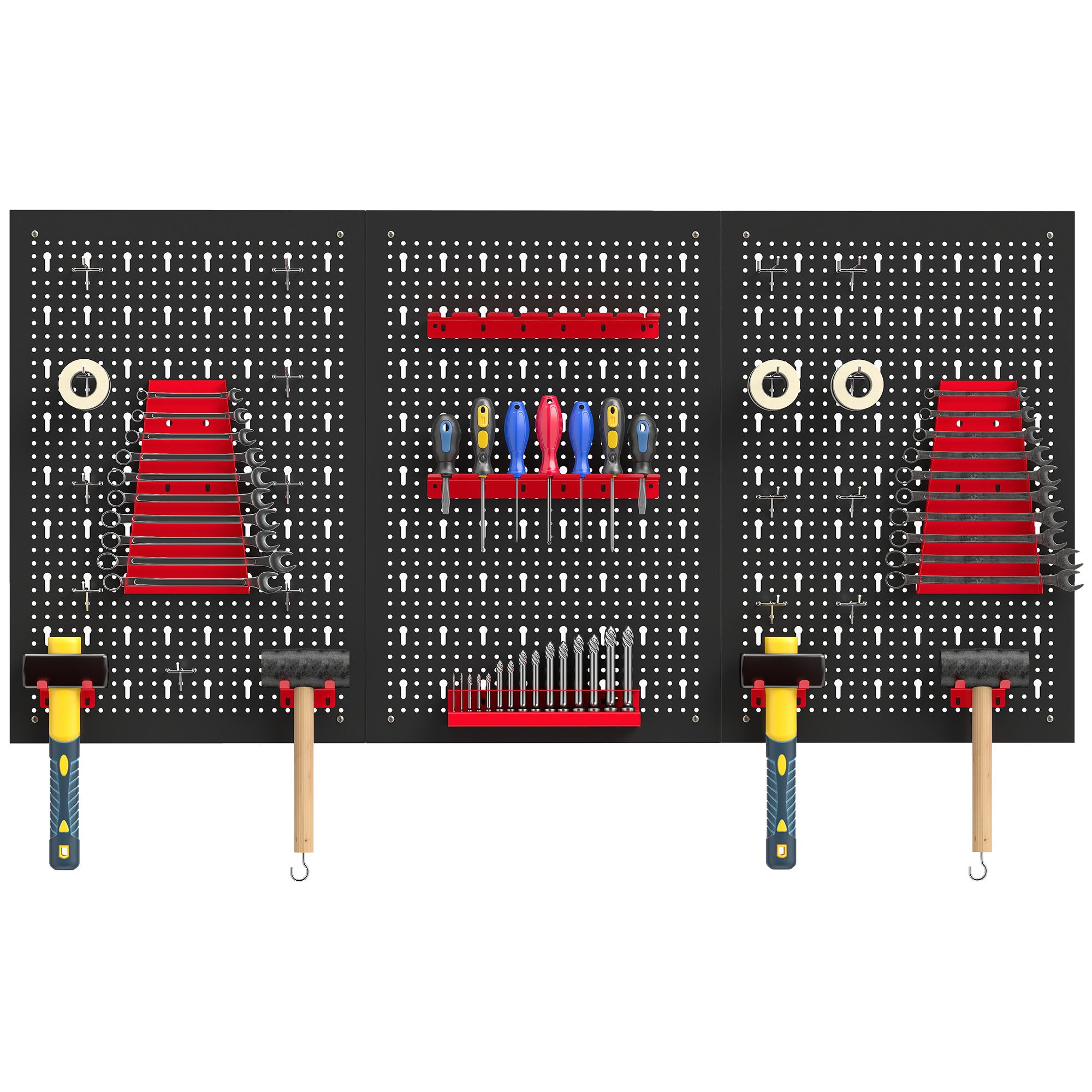 Wall Storage Pegboard System 23.6 x 15.7 in, 28-Piece Tool Rack with Hooks & Compartments, Black/Red