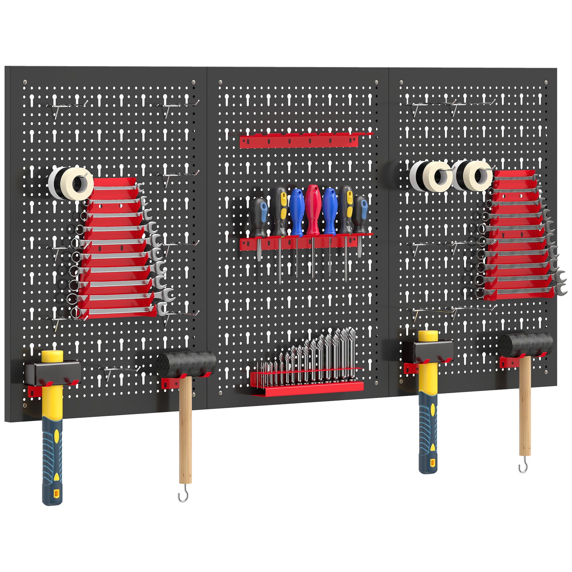 Wall Storage Pegboard System 23.6 x 15.7 in, 28-Piece Tool Rack with Hooks & Compartments, Black/Red