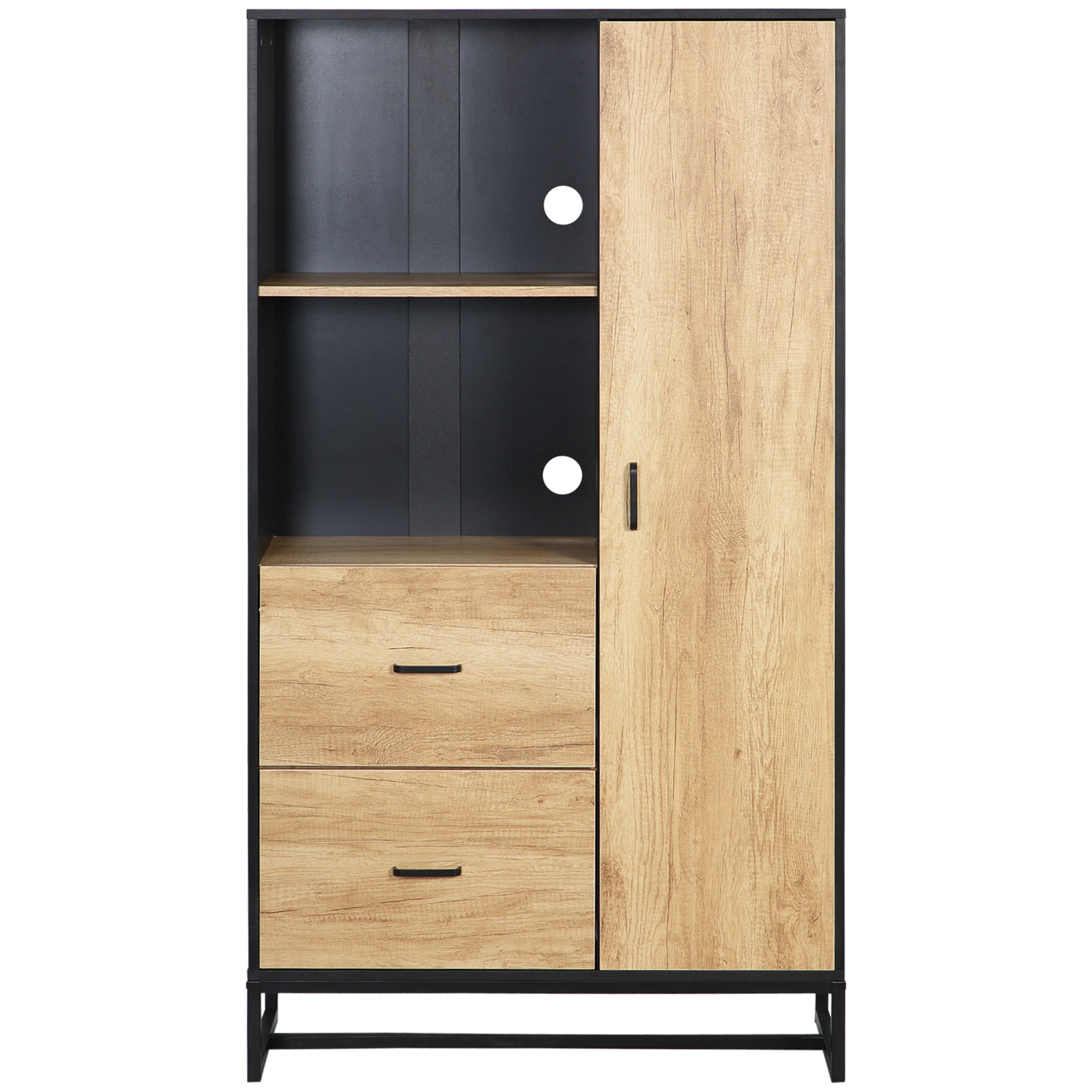 Kitchen Buffet Cabinet with Multi-Storage 2 Drawers, Cupboard, 2 Shelves, and Cable Management 88L x 35W x 160H cm - Black and Natural Wood Finish