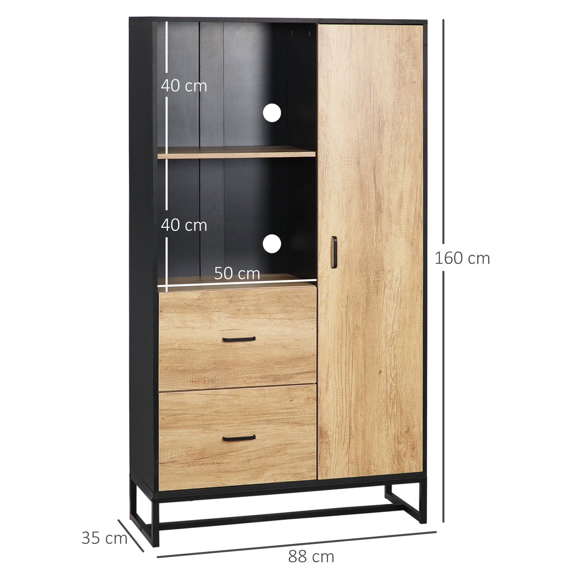 Kitchen Buffet Cabinet with Multi-Storage 2 Drawers, Cupboard, 2 Shelves, and Cable Management 88L x 35W x 160H cm - Black and Natural Wood Finish